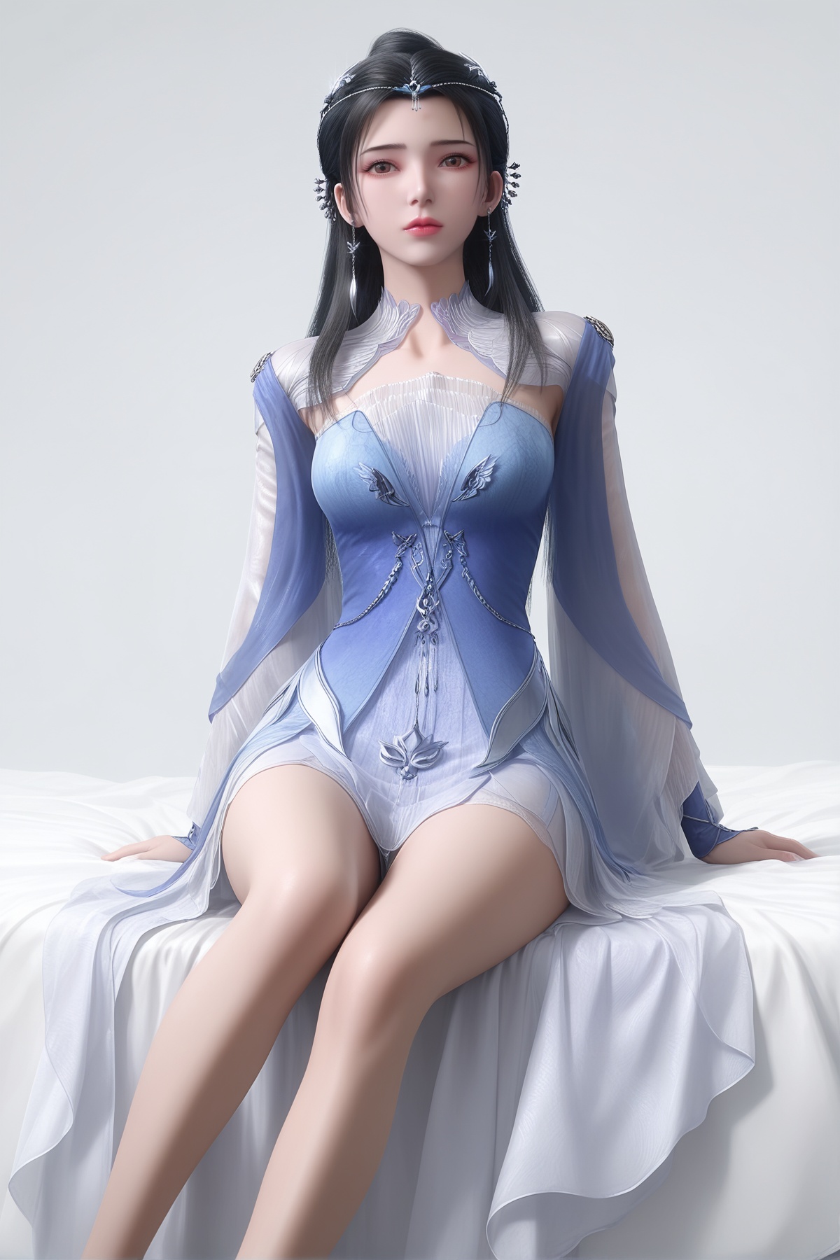 masterpiece,best quality,realistic,cinematic,detail eyes,(ultra-detailed),perfect composition,intricate details,absurdres,detailed face,high quality,high res,8K,<lora:X_limuwan_sn_IL3.0:0.8>,black hair,brown eyes,1girl,long hair,breast,medium breast,hair_ornament,dress,bare_legs,sitting,simple background,bed,