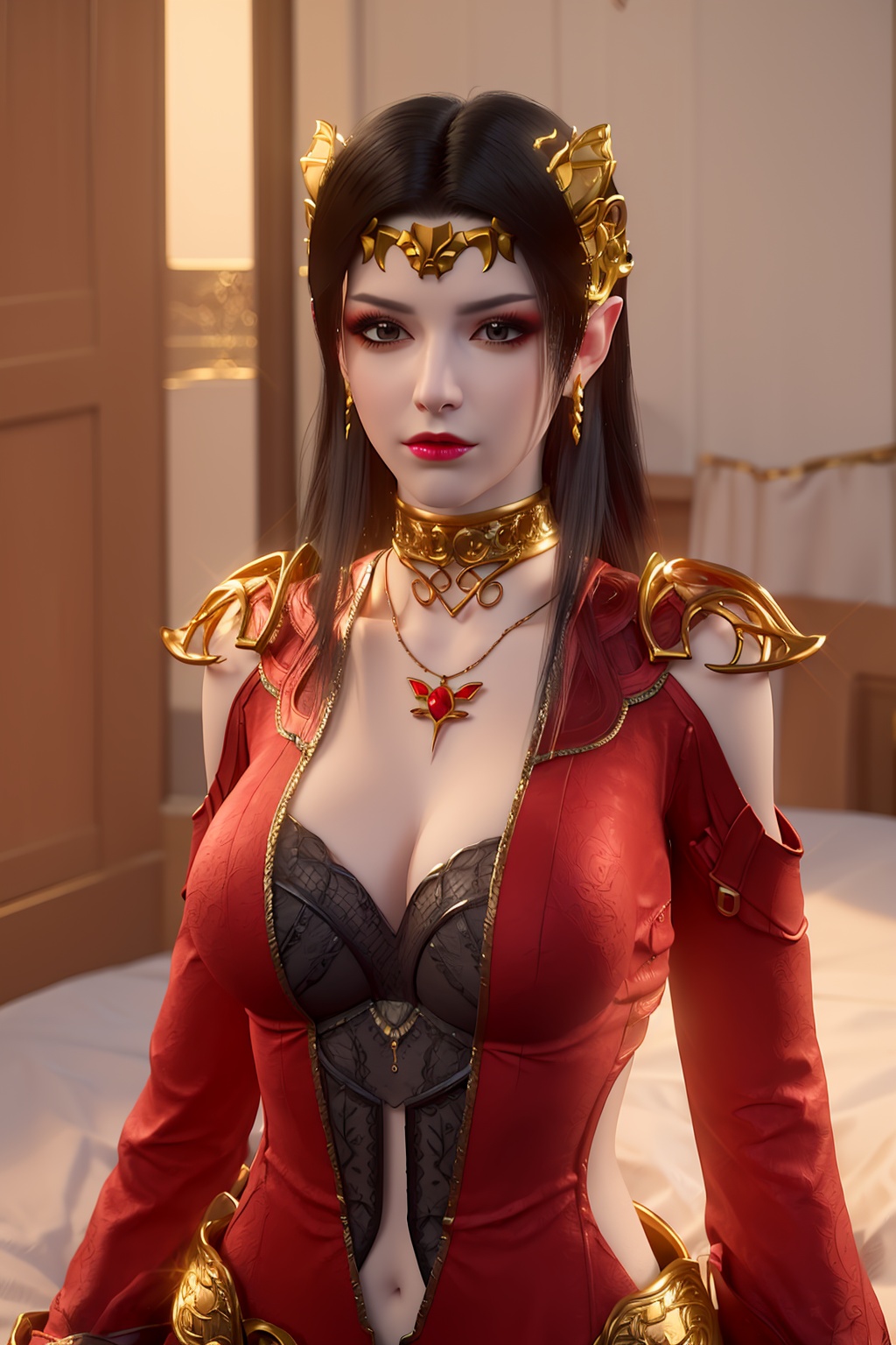 3D,masterpiece,(best quality),(makeup),official art, extremely detailed cg 8k wallpaper,((crystalstexture skin)), (extremely delicate and beautiful),(highly detailed),(face),headpiece,(collar),(tiara),(gold_trim),(shoulder_armor),(1girl), (solo), (jewelry), (earrings),(black_hair),(long_hair),(hair_ornament),(handwear),(breasts),((upper_body)),(dress),(multicolored_clothes),(multicolored_dress),(shiny_clothes),(city,indoor),,((looking_at_viewer)),((Facing the camera)),, <lora:hipoly3DModelLora_v10:0.3>