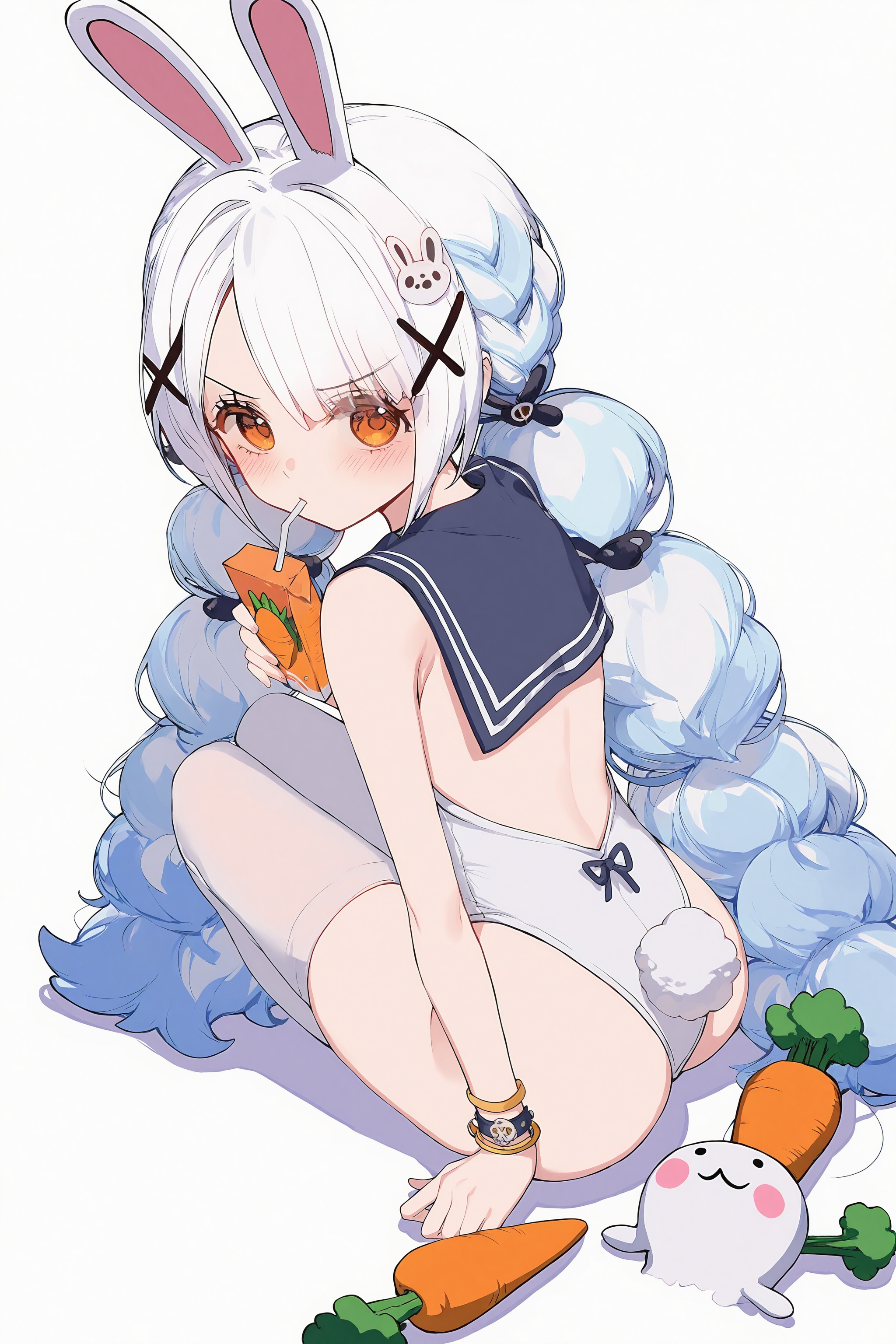 <lora:nai4.5zhengliu-ckxl0.2_v2>,high resolution,aesthetic,excellent,medium resolution,1girl,solo,rabbit ears,animal ears,long hair,white hair,light blue hair,multicolored hair,bangs,hair ornament,hair clip,x hair ornament,bunny hair ornament,pom pom hair tie,yellow eyes,orange eyes,blush,looking back,looking at viewer,sailor collar,white swimsuit,one piece swimsuit,backless,highleg,white thighhighs,bunny tail,bracelet,sitting,drinking,holding,juice box,straw,straw in mouth,carrot,ghost,turnip,vegetable,full body,from behind,sitting on floor,white background,simple background,shadow,