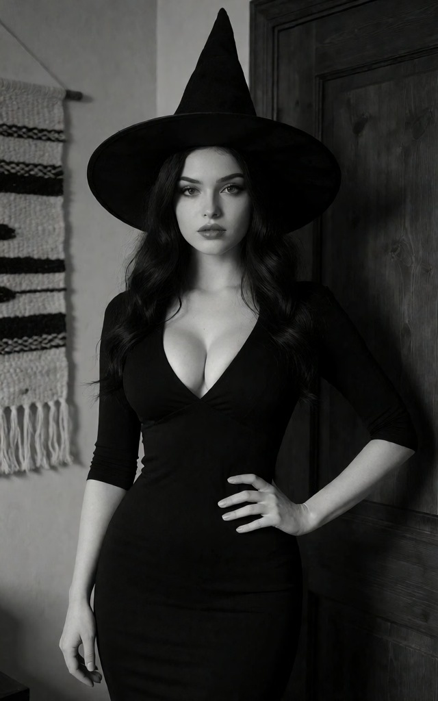 This black-and-white photograph features a young woman with long,  wavy dark hair,  wearing a classic witch hat with a poi...