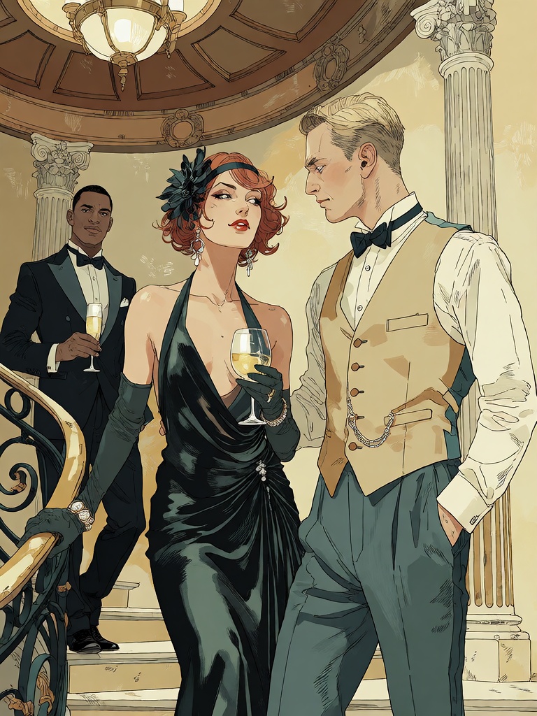 Bradhamel art style. A glamorous 1920s cocktail party scene rendered in rich,  painterly illustration style with warm gold...