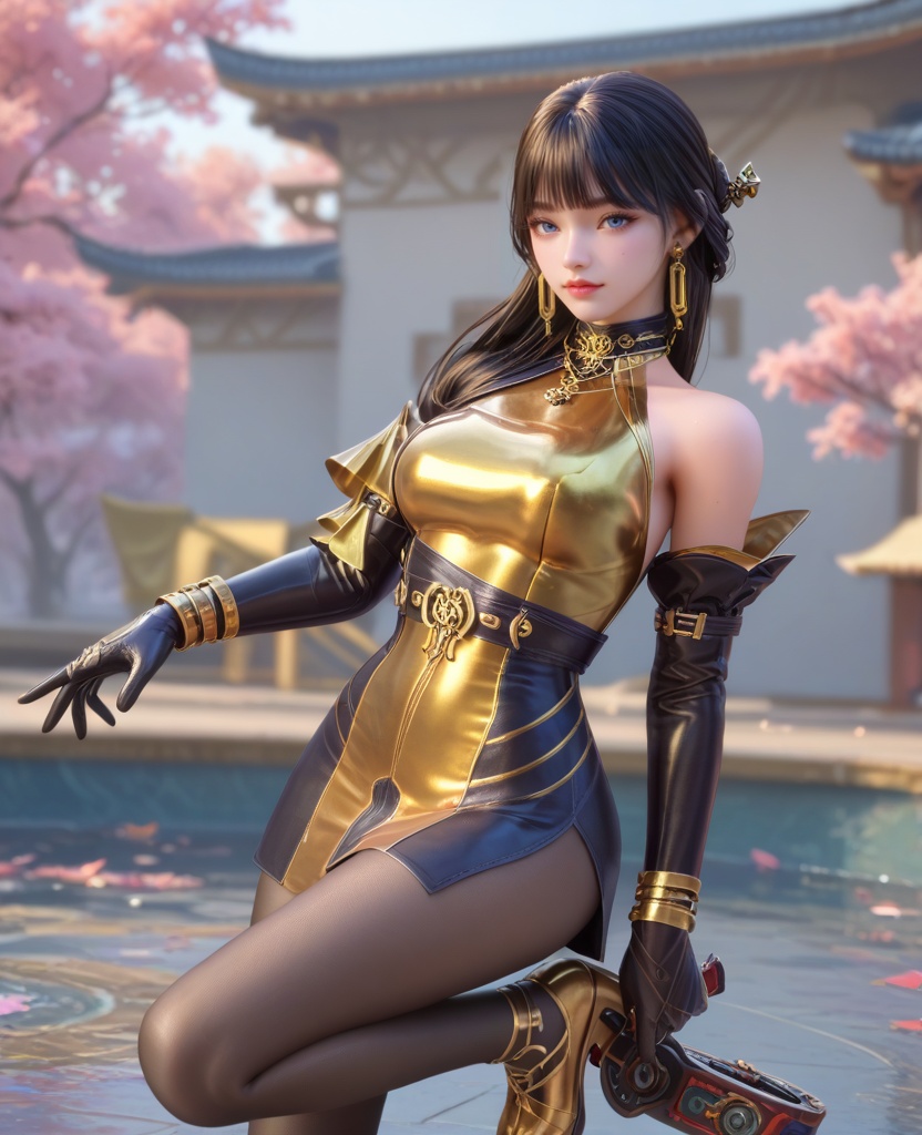 (oriental architecture, elegant decor, sophisticated style:1.1),(speed skating moves:1.1),(breasts:1.2),<lora:XL16穿越火线步练师灵魂武者:0.95>,miss bulianshi,yellow and black short dress,blue eyes,blunt bangs,black hair,half updo with long cascading hair,earrings,jewelry,black elbow gloves,bracelet,bare left shoulder,armlet,black pantyhose,yellow high heels,, score_9,score_8_up,score_7_up,score_6_up,score_5_up,score_4_up,3d rendering,tag1,tag2, Cinematic Lighting,backlighting,, zPDXL3, zPDXL2,zPDXL, zPDXLxxx, zPDXLrl,