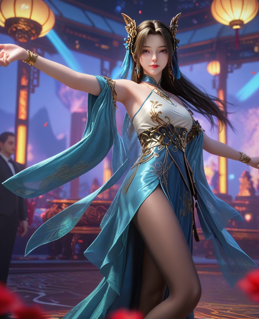(oriental architecture, elegant decor, sophisticated style:1.1),(raver,dancing,rave,wearing fiber optic led dress,EDM festival:1.1),(breasts:1.2),<lora:XL16克金玩家璎珞:0.95>,miss yingluo,blue peplum gown with white corset,violet eyes,black hair,long hair,hair ornament,necklace,jewelry,bracelet,black pantyhose,wide flowing sleeves,faux floral embellishments,, score_9,score_8_up,score_7_up,score_6_up,score_5_up,score_4_up,3d rendering,tag1,tag2, Cinematic Lighting,backlighting,, zPDXL3, zPDXL2,zPDXL, zPDXLxxx, zPDXLrl,