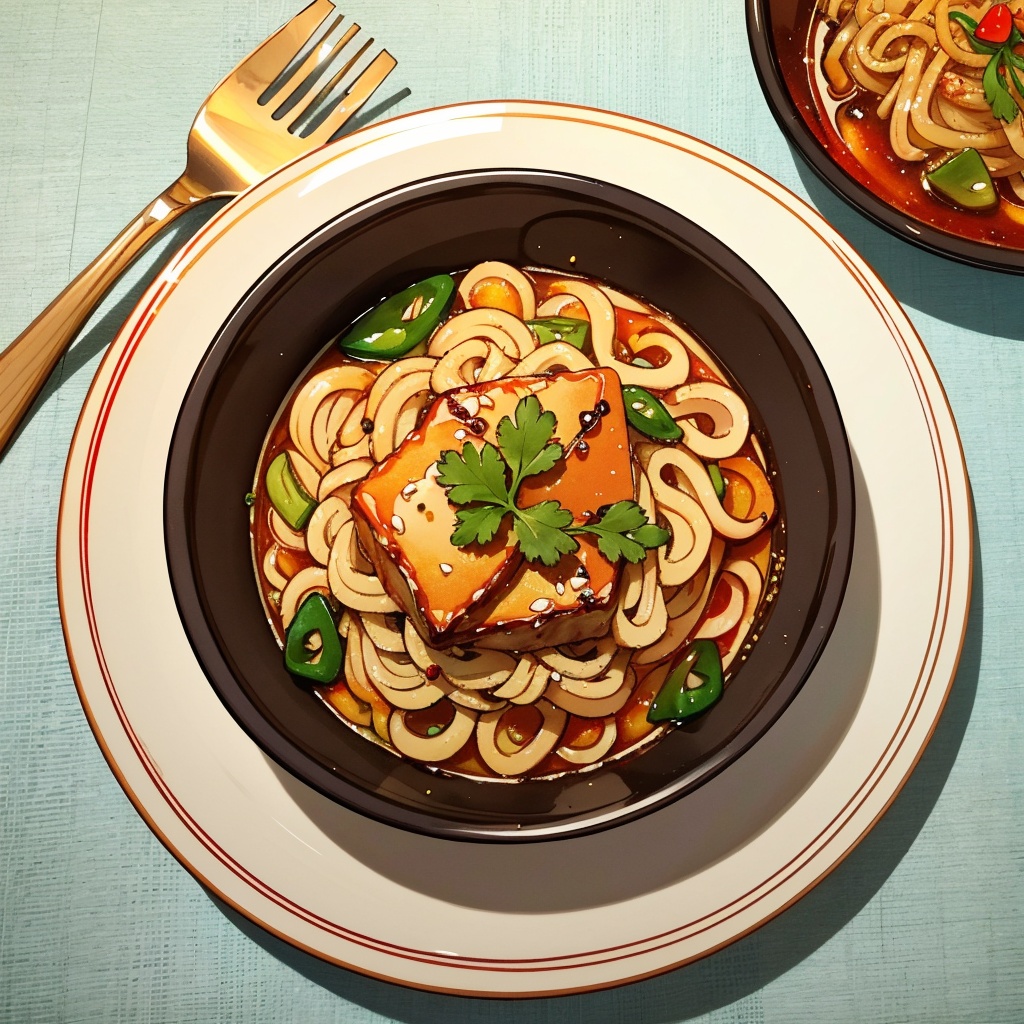 Chinese cuisine,Tossed Clear Noodles with Chili Sauce,sichuan style,An artistically delicate arrangement,lace tablecloth,green plants.design sense,artistry,Ultra-high resolution,Ultra hd picture,Contrast composition,Grid-based ray tracing,Contrast,light and shadow contrast,masterpiece,best quality,