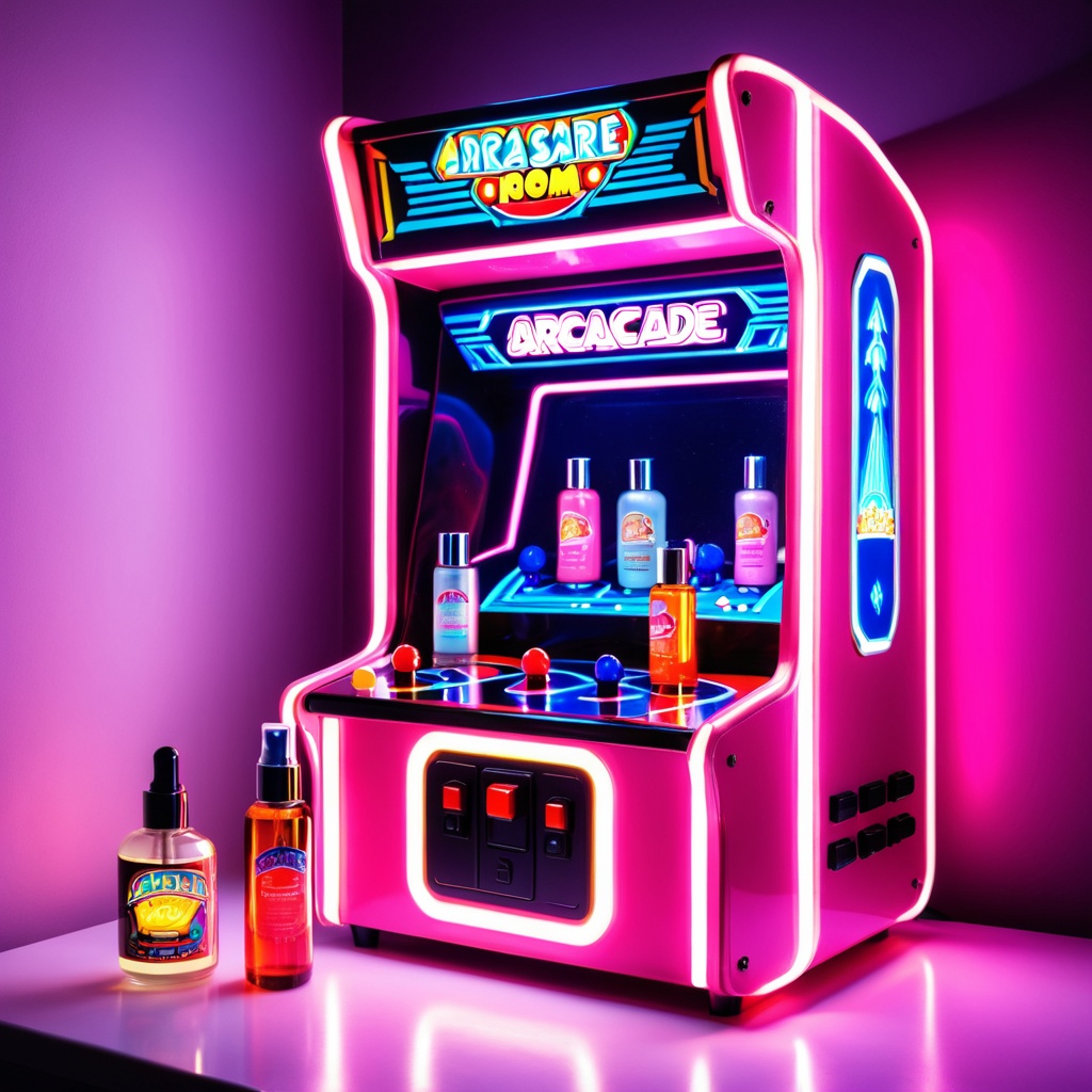 sceneretroarcad,  a glass skincare bottle,  retro arcade room on Tensor.Art