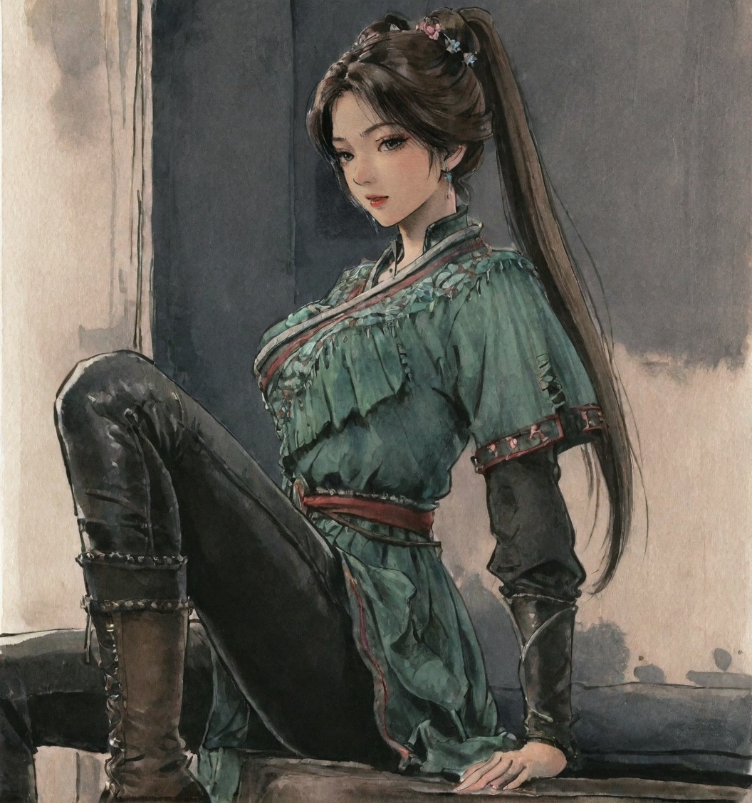 ((very awa)),solo,highly detailed,(best quality),((masterpiece)),1girl,chi,<lora:鸽正则nbXL:0.3>,ge,<lora:chi正则100nbXL:0.7>,traditional media,painting \(medium\),watercolor \(medium\),looking_at_viewer,large breasts,<lora:梅凝新nbXL:0.8>,meining,jewelry,earrings,hair ornament,ponytail,kawaii,bishoujo,boots,leather pants,