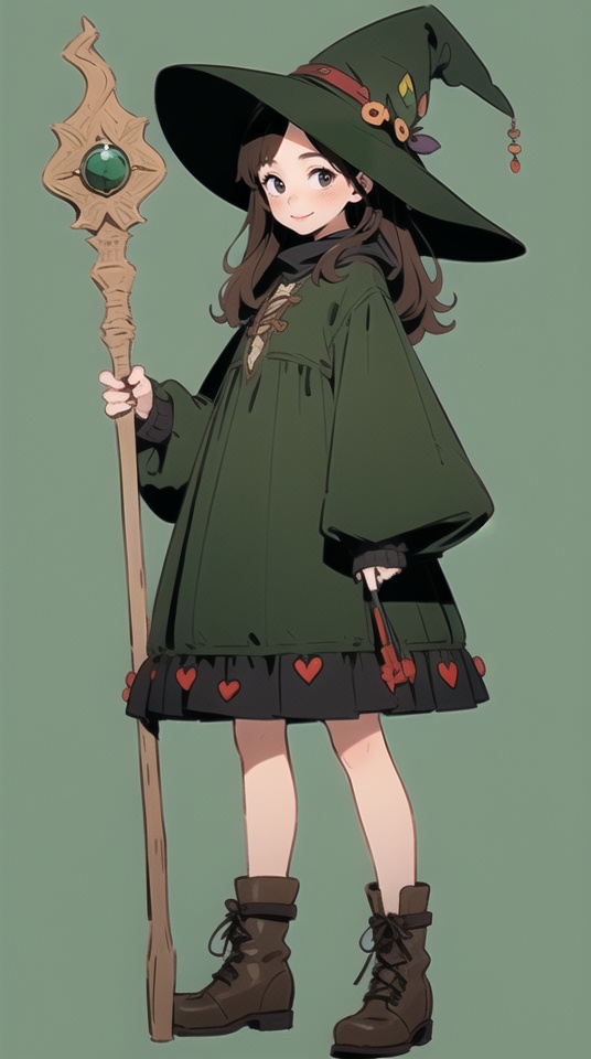 (best quality), ((masterpiece)), (highres), illustration, original, extremely detailed,ooo, 1girl, solo, brown hair, hat, staff, smile, holding, long sleeves, witch hat, white background, looking at viewer, full body, holding staff, brown footwear, standing, simple background, green headwear, blush, boots, puffy sleeves, dress, puffy long sleeves, witch, black eyes