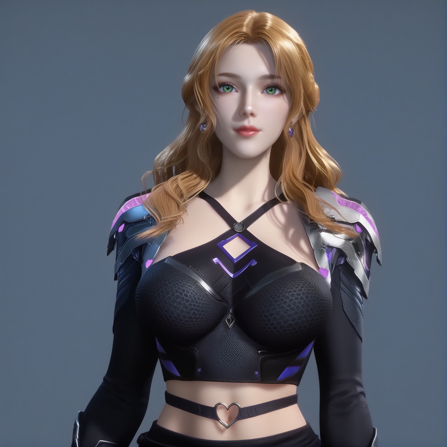 (score_9),portrait,(eye focus),<lora:珍妮特-apony-000009:0.83>,znt,1girl,solo,long hair,blonde hair,earrings,green eyes,braid,mole under eye,crop top,belt buckle,shoulder armor,midriff,black skirt,navel,<lora:perfect eyes_v1:0.8>,light blush,Expressiveh,<lora:Expressive_H-000001:0.8>,collarbone,(glamor:1.2),curvy,BREAKlooking at viewer,front view,fair_skin,(pale_skin),((white skin)),light skin,BREAKsimple background,grey background,<lora:e色温:0.35>,4K ultra HD,sharp focus,high detail,natural lighting,high contrast,hearts,Volumetric Lighting,Tyndall effect,