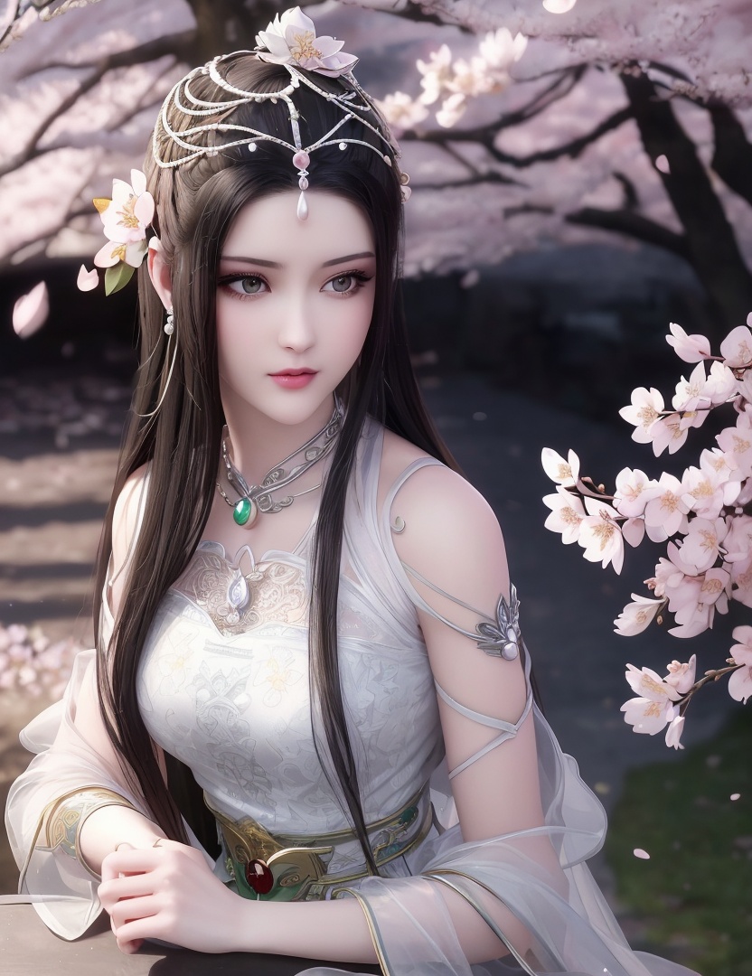 ultra realistic 8k cg, picture-perfect face, flawless, clean, masterpiece, professional artwork, famous artwork, cinematic lighting, cinematic bloom, perfect face, beautiful face, fantasy, dreamlike, unreal, science fiction,   lace, lace trim, lace-trimmed legwear,  (rich:1.4), prestige, luxury, jewelry, diamond, gold, pearl, gem, sapphire, ruby, emerald, intricate detail, delicate pattern, charming, alluring, seductive, erotic, enchanting, hair ornament, necklace, earrings, bracelet, armlet,halo((,1girl, pov,))  , ((((1girl, solo, ,cherry blossoms,outdoors, ))))<lora:DA_LinQingZhu:0.7>