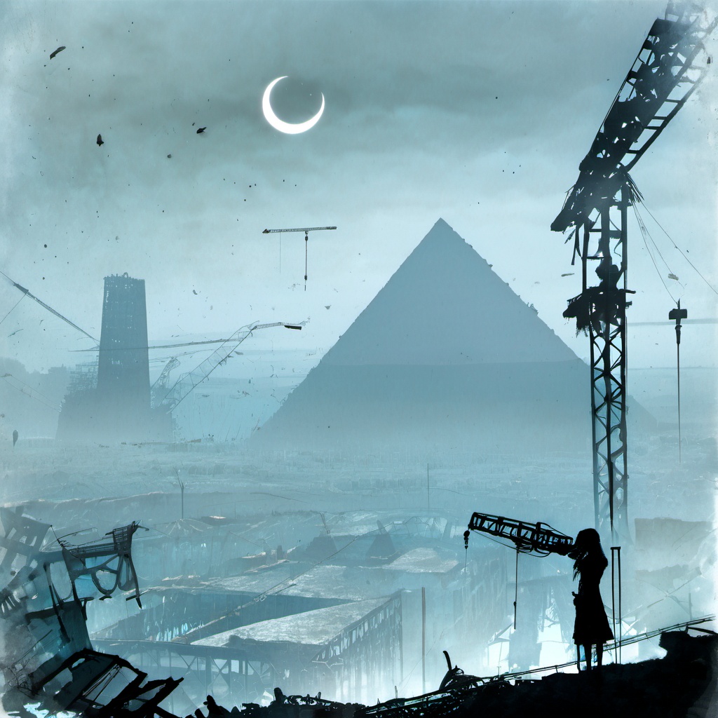 <lora:star_xl_v1:1>,The image portrays a post-apocalyptic or dystopian setting. In the foreground, there's a silhouette of a person standing on a crane, overlooking a vast expanse of ruins and debris. The person appears to be observing the scene below. The backdrop is dominated by towering structures, including a large pyramid with a circular emblem on its side. There are also other pyramids and structures, some of which seem to be under construction. The atmosphere is misty and foggy, with a crescent moon visible in the sky. Debris is scattered throughout, and there's a sense of desolation and abandonment., post-apocalyptic, dystopian, ruins, debris, crane, vast expanse, silhouette, observing, towering structures, pyramid, emblem, construction, misty, foggy, crescent moon, desolation