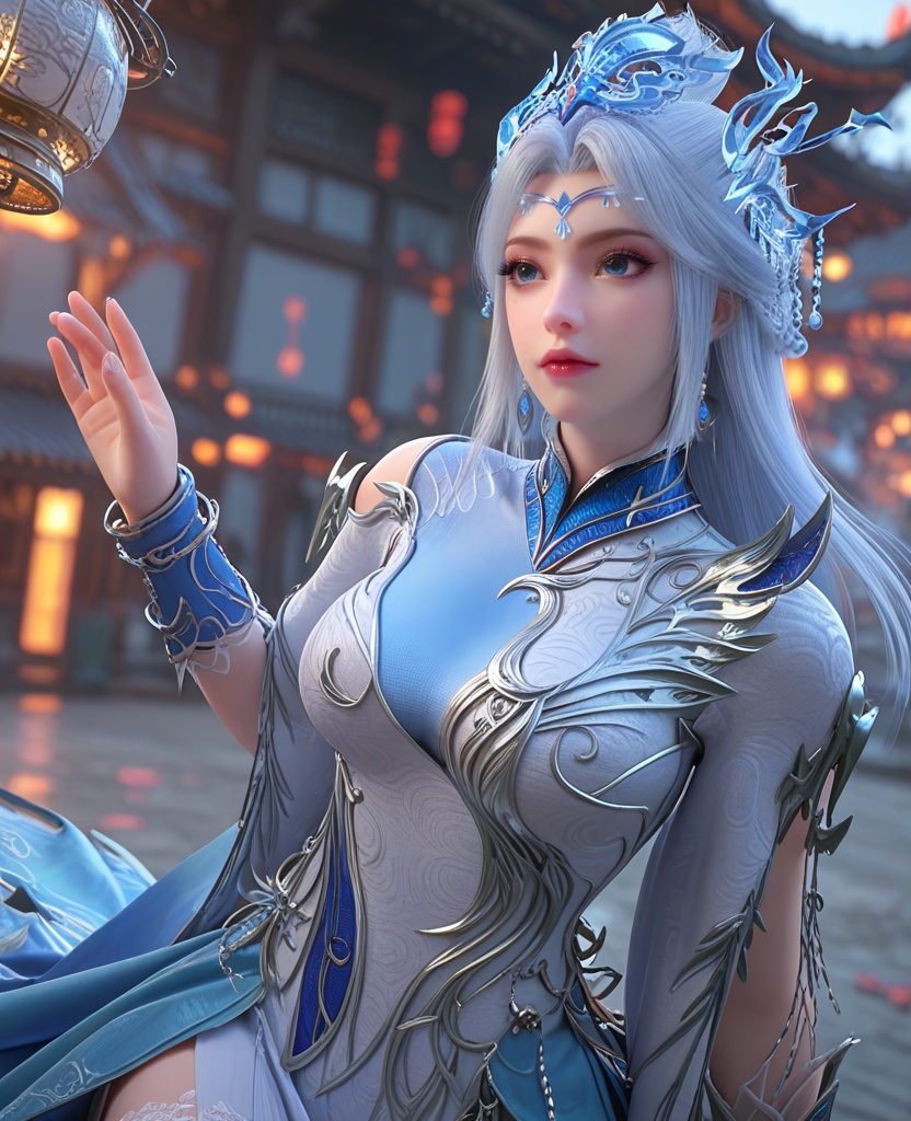 (oriental architecture, elegant decor, sophisticated style:1.1),(roller skating moves:1.1),(breasts:1.2),<lora:XL百炼成神宁雨蝶大奶宗主:0.95>,miss ningyudie,white dress,blue eyes,eyelashes,mole under right eye,white hair,long hair,hair ornament,sidelocks,earrings,bracer,shawl sleeves,pelvic curtain,lace stockings,, zPDXL2, score_9, score_8_up, score_7_up BREAK realistic, masterpiece,best quality, highly detailed,, zPDXL3, zPDXL2,zPDXL, zPDXLxxx, zPDXLrl,