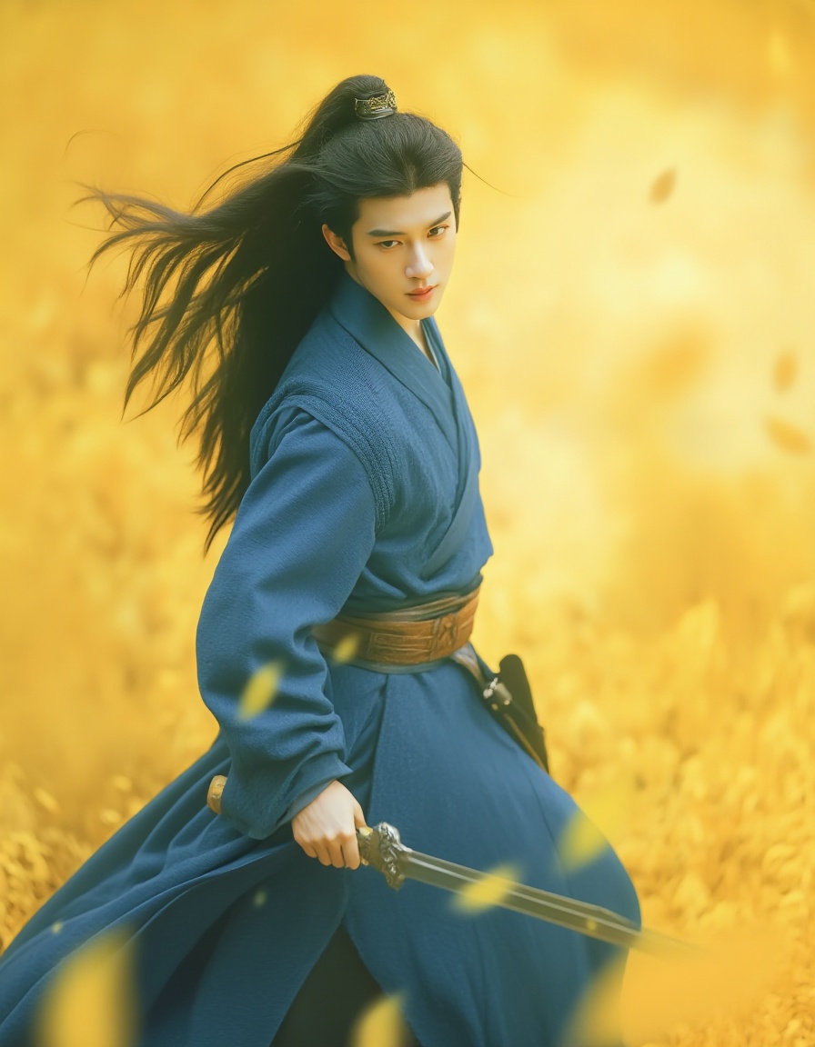 A man with long,dark,flowing hair wearing a blue layered robe with a brown belt,holds a sword,he is angled to the right,with the background filled with a yellow bokeh and many yellow falling leaves.,<lora:neomj古风v9_15:1>,