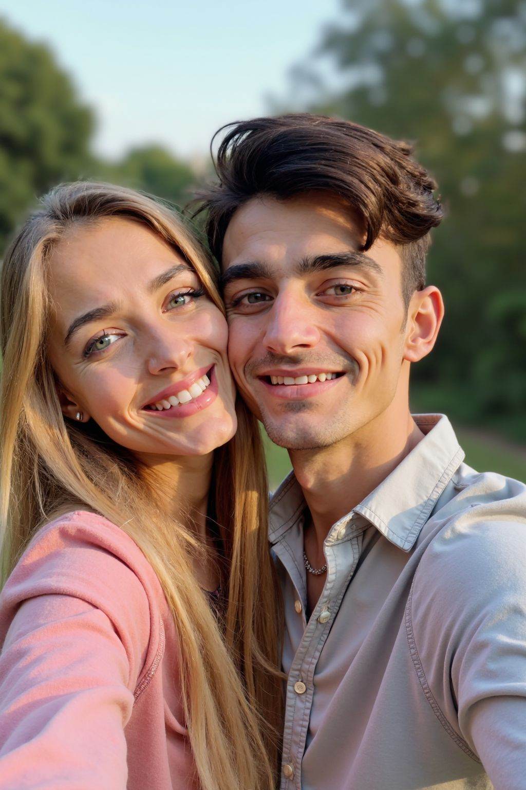 This is a photograph of a young couple posing for a selfie outdoors. The woman with long blonde hair, wears a pink top. The man with short dark hair, is in a shirt.