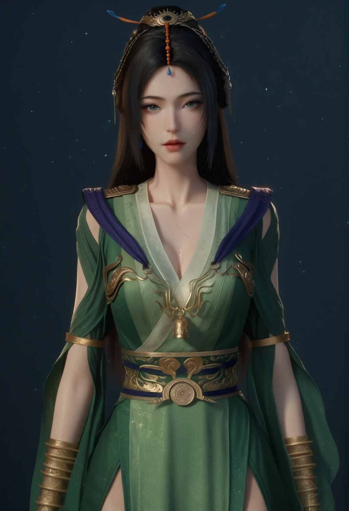 (score_9),<lora:柳玉-apony:0.83>,liuyu,1girl,solo,long hair,hair ornament,single hair bun,black hair,earrings,traditional dress,green_traditional dress,armlet,jewelry,waistband,chest bell,bracer,gold,(glamor),curvy,mature_female,collarbone,pointy breasts,puffy breasts,(large teardrop breasts),teardrop breasts,teardrop breasts,BREAK<lora:Expressive_H-000001:0.78>,light blush,Expressiveh,looking at viewer,front view,fair_skin,(pale skin),(sweaty_skin),BREAKsimple background,<lora:e色温:-0.25>,sparkle,4K ultra HD,sharp focus,high detail,high contrast,
