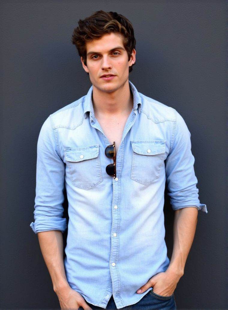 danielsharman ,  stands confidently in front of a dark gray wall. He wears a light denim shirt,  unbuttoned at the top on...