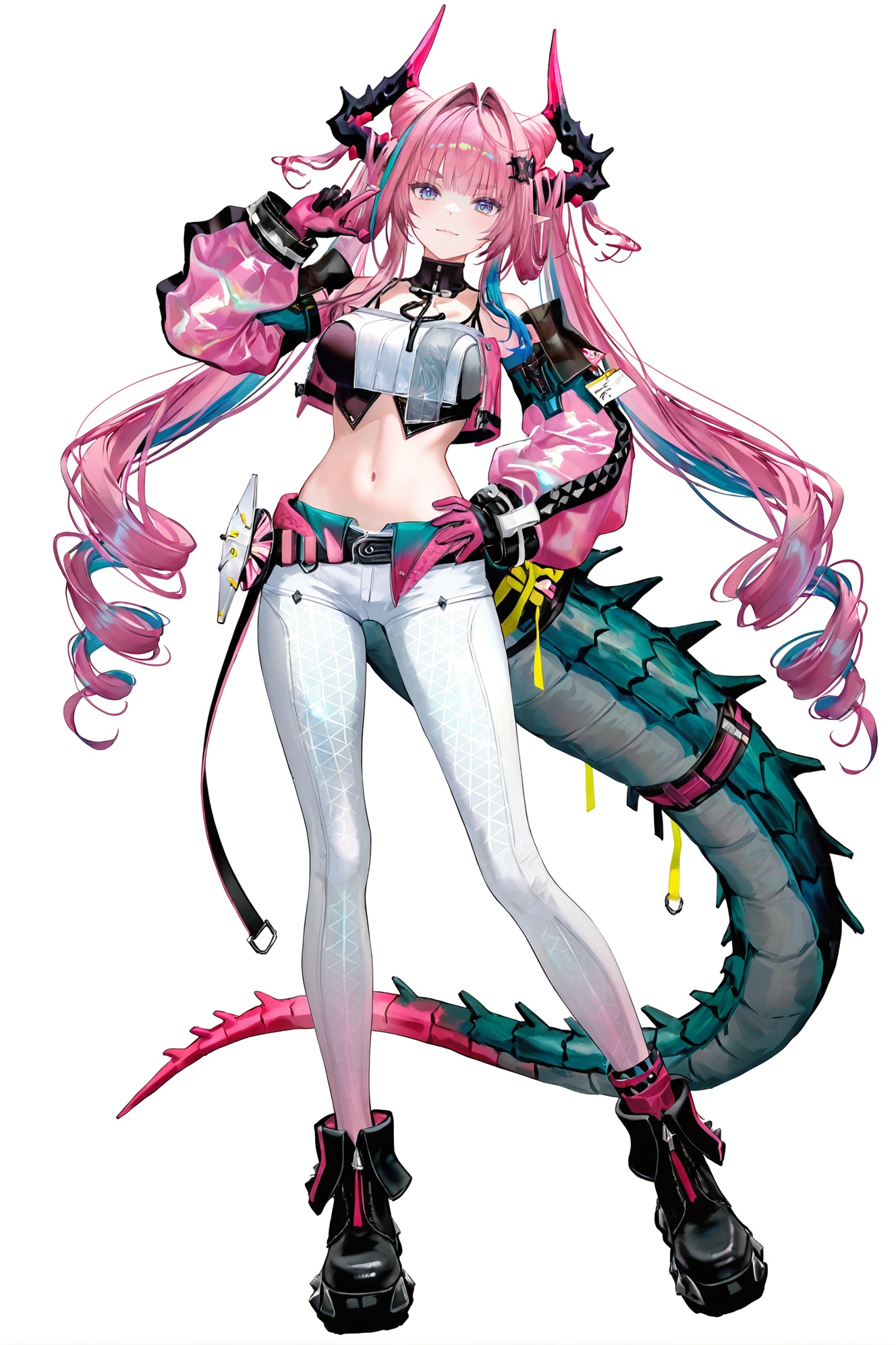 8k,best quality,masterpiece,(ultra-detailed),(high detailed skin),((artist:reoen),(artist:fuzichoco),(artist:atdan),(artist:torino_aqua),year 2024:0.8)1girl,[artist:wlop],[artist:ningen_mame],artist:ciloranko,[[artist:rhasta]],artist:tidsean,colorful,full body,full shot,standing,(solo:1.2),simple background,(white background:1.2),hand on own hip,(white background:1.1),looking at viewer,<lora:Yvonne-will-Tanger:0.8>,Yvonne \(Arknights: Endfield\),dragon girl,pink horns,green dragon tail,clothes: def multicolored clothes,1girl,long hair,blue eyes,pink hair,multicolored hair,horns,pink gloves,