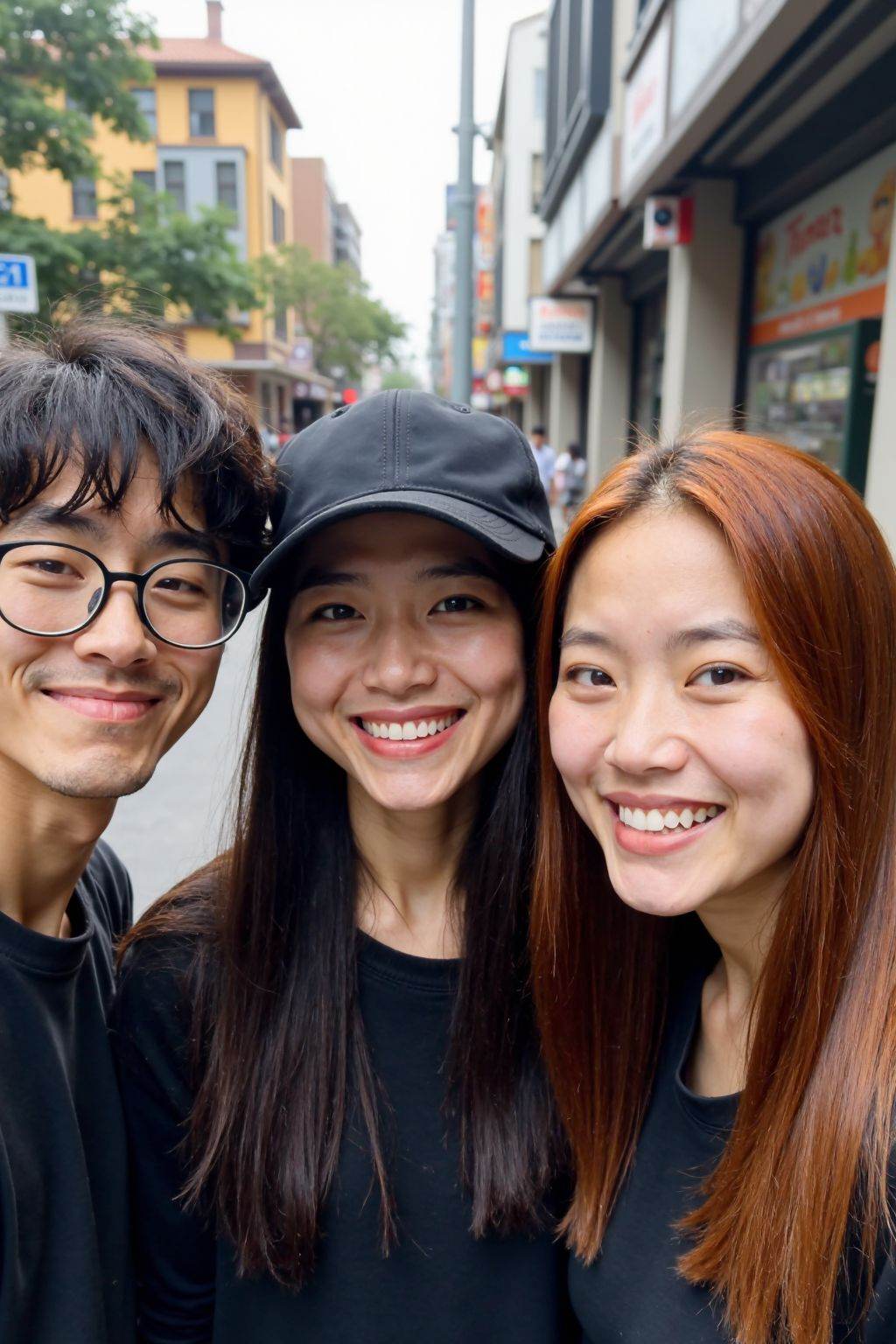 Photograph of three young people posing outdoors at a bustling street. The person on the left, wearing glasses and a black shirt, The person in the center, with long black hair and wearing a black cap and shirt, The person on the right, with straight reddish-brown hair and a black top, Background shows a city street with buildings, a bicycle sign, and a vending machine