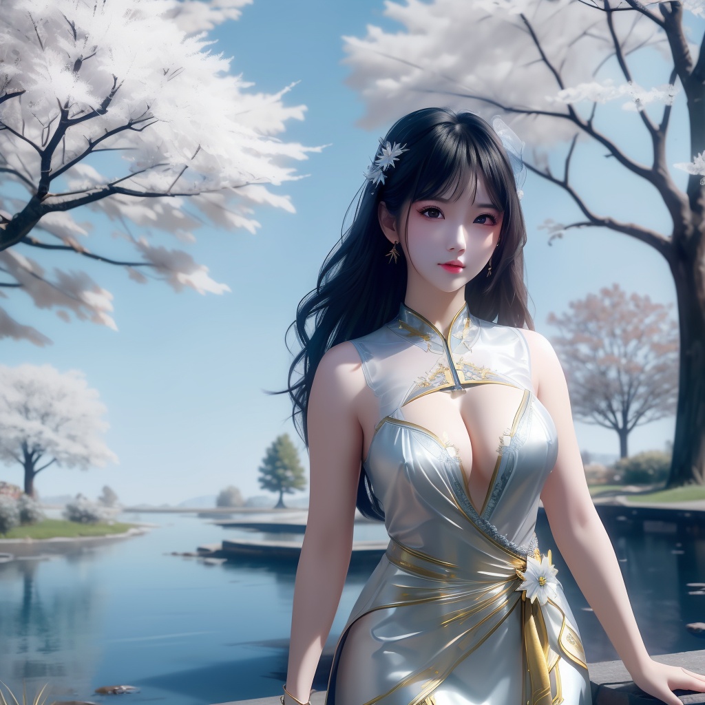 <lora:739-DA-斗破苍穹-慕青鸾:0.8>, (,1girl, ,best quality, ),looking at viewer,  ,, ultra detailed background,ultra detailed background,ultra realistic 8k cg,,masterpiece, (( , )), fiction,mole,  ,     ,see-through, lace, (cleavage),(((, solo, sun, , bare_tree, )))