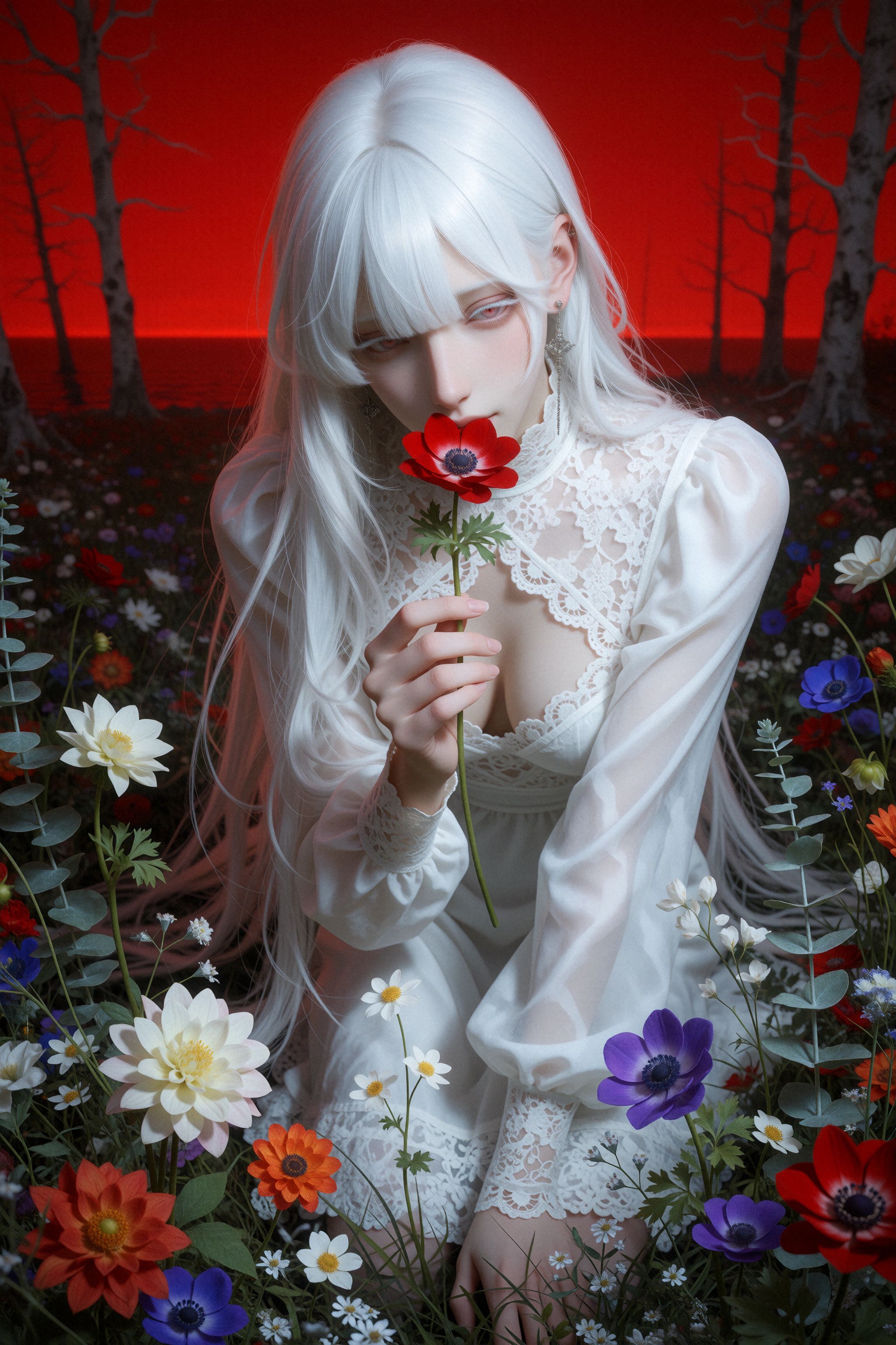 An artististic and surreal photograph of a young woman taken in a wide shot from eye-level,  a full body shot. She has lon...