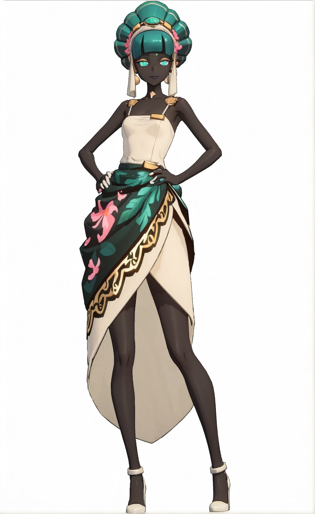8k, best quality, masterpiece, (ultra-detailed), (high detailed skin), (white background), (full body:1.2), (white background), standing, looking at viewer, (solo:1.2), hands on  hip, <lora:zzzstyle-A3-Tanger-000014:0.8>, aifa, aifa's def clothes, zzz style, dark skin, 1girl, dress, 