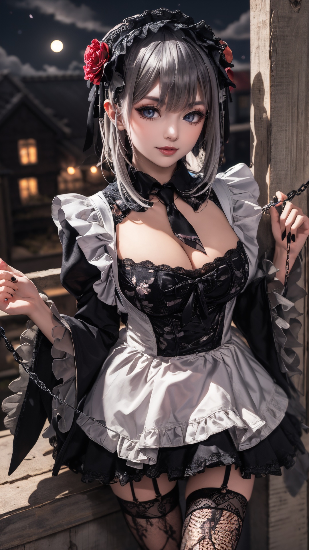tutututu,1girl,solo,Kuroe Shizuku,lolita fashion,apron,pantyhose,gothic lolita,black dress,frills,hair flower,hair ornament,chain leash,black nails,wide sleeves,lace trim,long sleeves,rose,black footwear,black necktie,maid,fishnets,maid headdress,detached collar,red flower,thighhighs,hairband,chain,floral print,lolita hairband,garter straps,black thighhighs,lace,<lora:Kuroe Shizuku_Lolita-000007:0.5>,masterpiece, best quality,1girl, (colorful),(finely detailed beautiful eyes and detailed face),cinematic lighting,bust shot,extremely detailed CG unity 8k wallpaper,white hair,solo,smile,((flying petal)),(Flowery meadow)sky, cloudy_sky, building, moonlight, moon, night, (dark theme:1.3), light, fantasy,