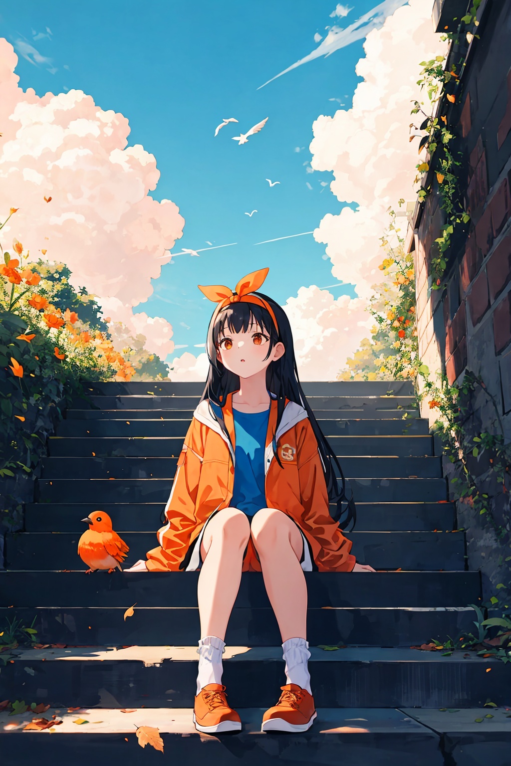 1girl,orange shoes,solo,sitting,sky,clouds,outdoors,black hair,bird,upward view,blue sky,white socks,daytime,orange jacket,building,long sleeves,leaves,long hair,stairs,red headband,pump Rope,headband,bangs,cloudy sky,from_below,wide_shot,