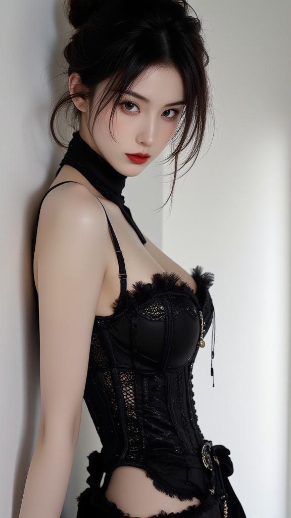 daring half-length shot by Helmut Newton,young Chinese provocateur,jet-black asymmetric crop,piercing eyes,alabaster studio,Hasselblad 907X f/2.8 1/125s,Jean Paul Gaultier corset masterpiece,hard side light,bold shadows,Numéro avant-garde special,hyper-detailed,