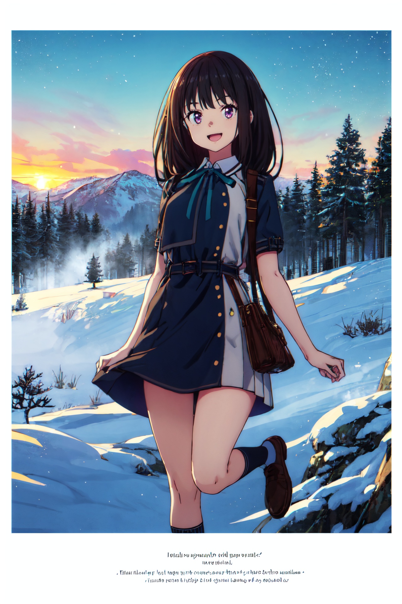 1girl,looking at viewer,solo,black hair,long hair,purple eyes,ribbon,green ribbon,neck ribbon,lycoris uniform,dress,blue dress,two-tone dress,belt,collared shirt,shirt,grey dress,white shirt,socks,black socks,loafers,brown footwear,<lora:takina>,takina_CYQL,(;d,jumping,full_shot,from_below:1.1),beautiful face,beautiful eyes,glossy skin,shiny skin,Mountains, Lake, Sunrise, Reflections, Mist, Serenity,Evergreen trees, Snow-covered branches, Red berries, Frosty air, Soft snowfall, Silence,beautiful detailed sky,beautiful detailed glow,(movie poster:1.2),(border:1.3),(English text:1.4),posing in front of a colorful and dynamic background,masterpiece,best quality,beautiful and aesthetic,contrapposto,female focus,wallpaper,fashion,<lora:增强减少细节add_detail:0.4>,
