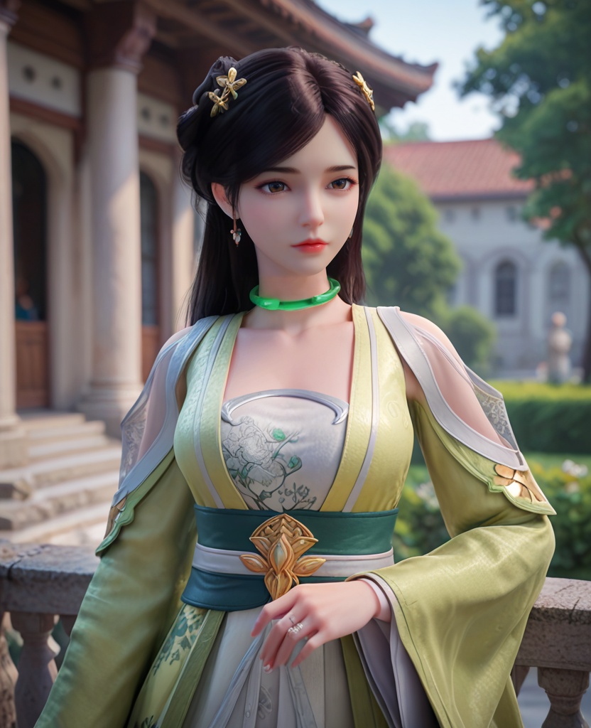 (oriental architecture, elegant decor, sophisticated style:1.1),head rest,(breasts:1.2),<lora:XL完美世界阿蛮:0.9>,miss aman,solo,yellower dress,green choker,hair ornament,jewelry,hollow shoulder,floral print white bra,brown eyes,bangs,long hair,black hair,green sash,overskirt,collarbone,red lips,long sleeves,, zPDXL2, score_9, score_8_up, score_7_up BREAK realistic, masterpiece,best quality, highly detailed,, zPDXL3, zPDXL2,zPDXL, zPDXLxxx, zPDXLrl,