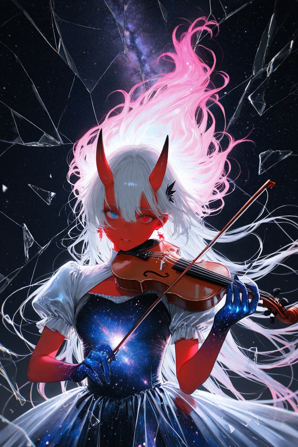 (4k,8k,Ultra HD), masterpiece, best quality, ultra-detailed, very aesthetic, depth of field, best lighting, detailed illustration, detailed background, cinematic, beautiful face, ambient occlusion, raytracing, soft lighting, 8K, illustrating, CG, detailed background, cute girl, BREAKAka-Oni, oni, (oni horns), colored skin, red skin, smooth horns, cosmic horns, straight horns, BREAK(qiandaiyiyu:0.85), (soleil \(soleilmtfbwy03\):0.6), (godiva ghoul:0.65), (anniechromes:0.5),  starry night, milky way, twisted reallity, shattered glass, surreal night, violin, heterochromia, dress, holding, holding violin, instrument, long hair, glowing hair, bright glowing hair, illuminated hair, gloves, cosmic dress, holding instrument, hair ornament, music, blue eyes, long sleeves, floating hair, looking at viewer, pink hair, cosmic gloves, parted lips, red eyes, playing instrument, bow \(music\), white hair, earrings, jewelry, multicolored hair, puffy sleeves, hair between eyes very aesthetic, ultra-detailed, high contrast, backlighting, bokeh, volumetric lighting, animal ears, puffy short sleeves, short sleeves, streaked hair, glowing clothe, depth of field, chromatic aberration, very long hair, blurry, white shrug, upper bodyBREAK(rella:1.2), (redum4:1.2) (au \(d elete\):1.2) (dino \(dinoartforame\):1.1), wlop, epic,