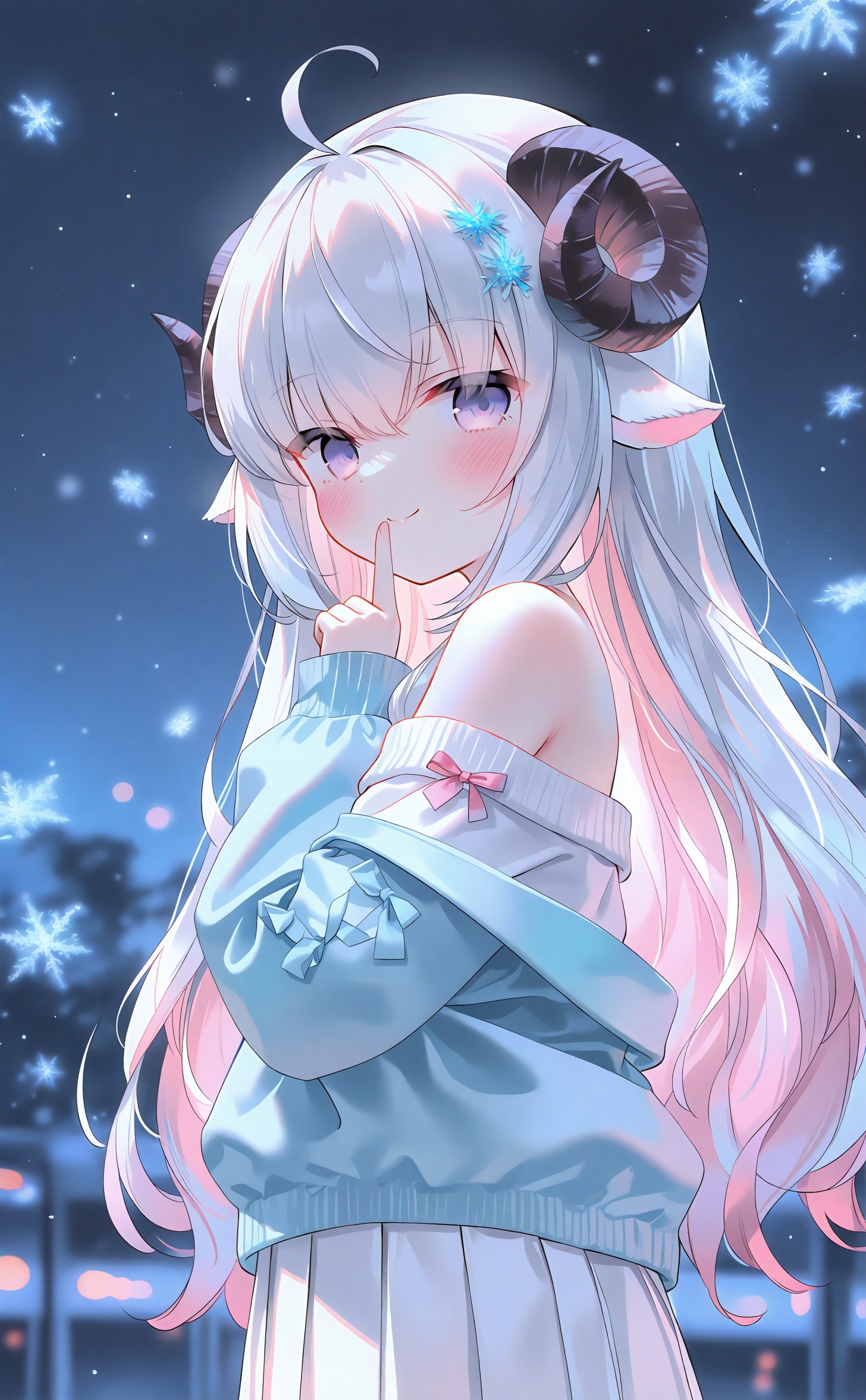 masterpiece,absurdres,best quality,high quality,chromatic_aberration,night,darkness,black theme,photorealistic,high contrast,high saturation,loli,loli,loli,//,1girl, horns, virtual youtuber, solo, sheep horns, off shoulder, looking at viewer, jacket, white sweater, purple eyes, long hair, off-shoulder sweater, sweater, finger to mouth, sheep girl, sleeves past wrists, snowflakes, curled horns, sheep ears, hair between eyes, long sleeves, multicolored hair, white hair, animal ears, blush, skirt, ahoge, pink hair, puffy long sleeves, white skirt, from side, very long hair, smile, blue jacket, hair ornament, looking to the side, bare shoulders, outdoors, pleated skirt, puffy sleeves, colored inner hair, hand up, pink bow, two-tone hair, closed mouth, grey hair, white jacket, snowflake background, shushing, bow, blurry background, blurry <lora:Nai4 gzc_mix-000056:1>