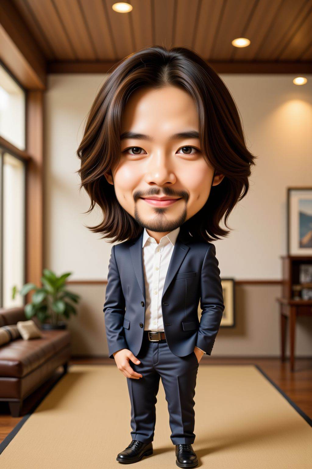<lora:20250503_AgainCharactersF1Lora:1>, The image is a high-resolution photograph featuring a man,solo,looking at viewer,long hair,standing,full body,clothes,indoors,realistic,chibi,