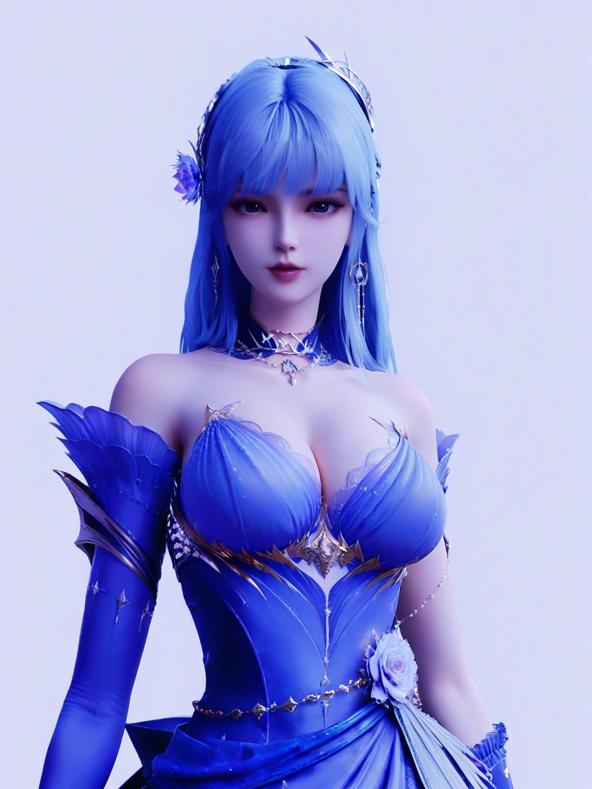score_9,1girl,solo,bare shoulders,blue hair,breasts,detached sleeves,bangs,lipstick, eyelashes, large breasts,blue dress,standing,long hair,looking at viewer,white background,simple background,cowboy_shot,<lora:SF_ShengCaiErThirdClothesPony_Realism2.3-000004:0.7>,