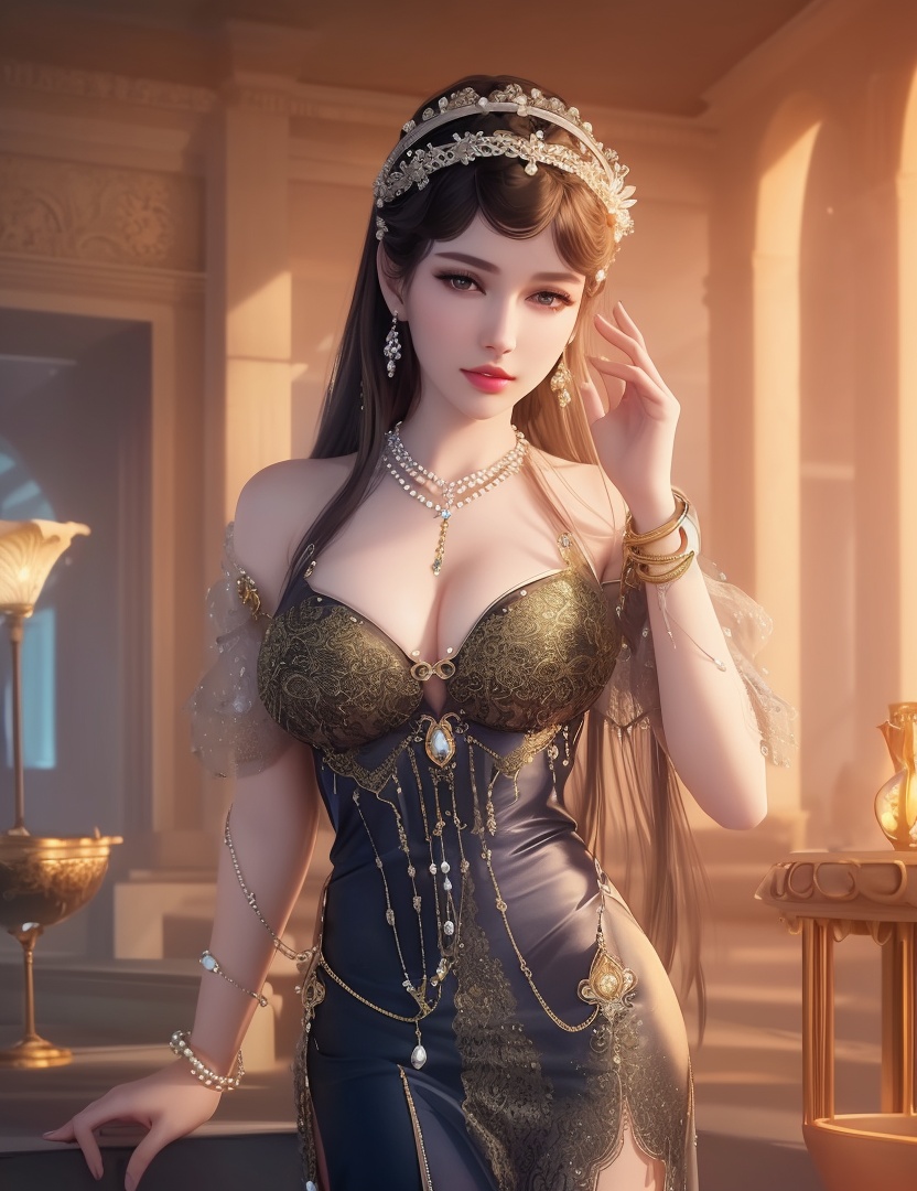 ultra realistic 8k cg, picture-perfect face, flawless, clean, masterpiece, professional artwork, famous artwork, cinematic lighting, cinematic bloom, perfect face, beautiful face, fantasy, dreamlike, unreal, science fiction,  beautiful clothes, lace, lace trim, lace-trimmed legwear,  (rich:1.4), prestige, luxury, jewelry, diamond, gold, pearl, gem, sapphire, ruby, emerald, intricate detail, delicate pattern, charming, alluring, seductive, erotic, enchanting, hair ornament, necklace, earrings, bracelet, armlet,halo((,1girl, pov,))(((,  1girl,  solo,looking at viewer, ))),(((1girl, solo, dress, jewelry,large breasts, )))<lora:DA_WhiteSnakeGreenSnake:0.7>