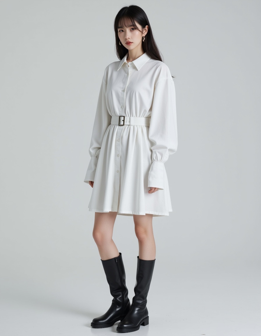 a real picture of a south korea woman,In Oversized collared-shirt worn as a dress with a belted flared skirt and knee-high boots.