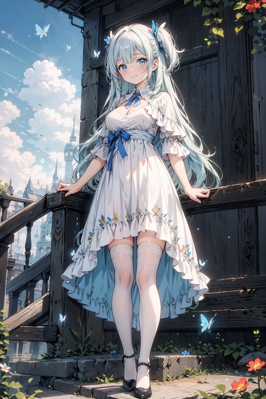 1girl,solo,long hair,looking at viewer,blue eyes,dress,very long hair,blue hair,standing,flower,outdoors,sky,shoes,day,cloud,two side up,bug,butterfly,<lora:add_detail:0.5>,(masterpiece, best quality, high quality, highres, ultra-detailed),<lora:gzc_cyan-000002:0.2>,<lora:guang:0.2>,<lora:shenmingshaonv2-000004:0.2>,large breasts,closed mouth,full body,standing,long hair,<lora:cozy anime_20230630155224:0.3>,white_thighhighs,<lora:雪糕-xuegao4.0:0.4>,seductive smile,<lora:fairy tale girl_20230711162639:0.3>,