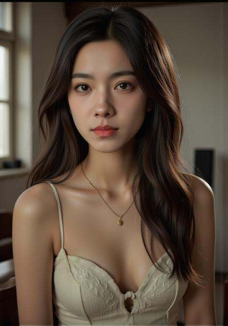 (text "Buzz Me Please" in sky:1.6),There are wonderful studio lights and various reflections,18yo girl her face is very delicate,skin naturally showing the texture of blood vessels and detailed pale skin,<lora:flux_realism_lora>,<lora:zhuangdf_f1_epoch_11:1>,chinese actress,bright photo of beautiful asian girl with long wavy hair wearing bohemian dress,inside a rustic house with windows,necklace,realistic light reflections,pale skin,,