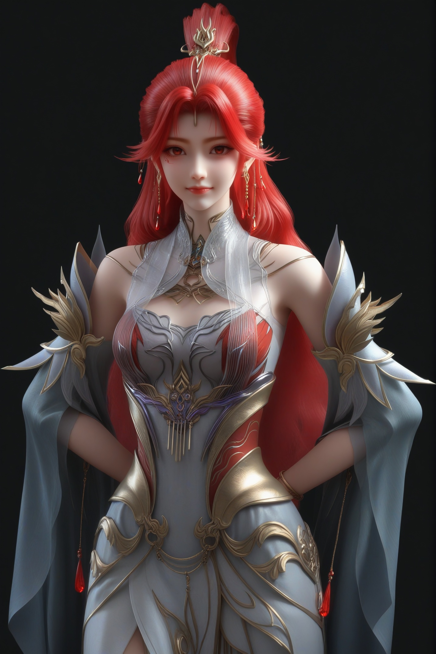 masterpiece,best quality,absurdres,highres,1girl,solo,<lora:火允儿-ill-000009:0.83>,huoyuner,red hair,long hair,high ponytail,makeup,jewelry,hair ornament,dangling earrings,red gemstone,forehead decoration,BREAKcollarbone,sheer overlay,bare shoulders,sheer collar,high collar,detached sleeves,fantasy dress,long skirt,bracelet,high slit skirt,looking at viewer,front view,standing,smile,(arms behind back),BREAKsimple background,black background,