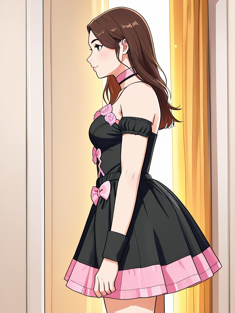 pinkandblackdresswithbows,  side view a beautiful young brunette woman with deep brown eyes wearing a sexy black dress wit...