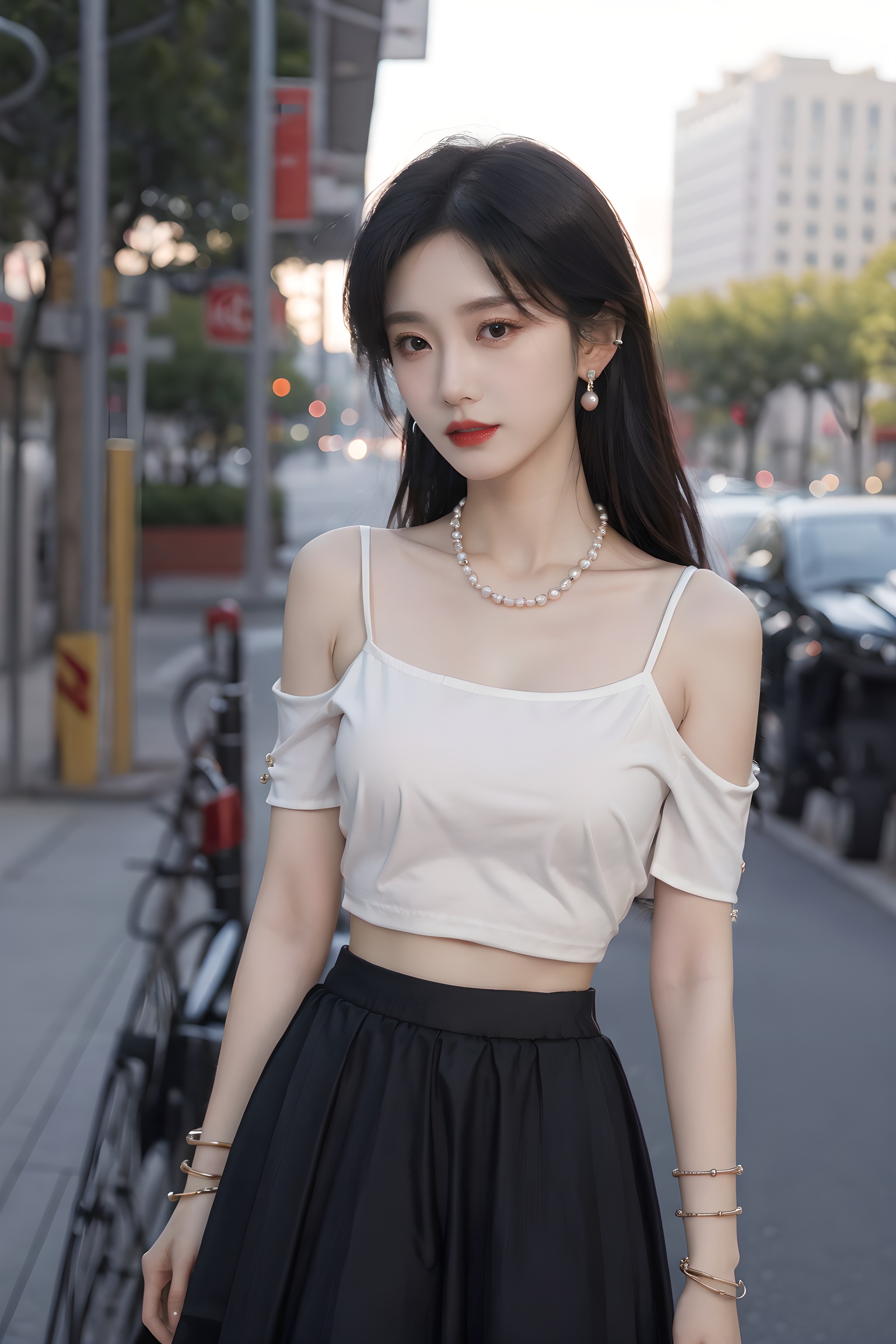dzf,1girl,solo,long hair,roof,up_body,street,at sunset,looking at viewer,skirt,black hair,hair ornament,big tits,bare shoulders,jewelry,standing,collarbone,cowboy shot,earrings,parted lips,midriff,necklace,blurry,bracelet,lips,crop top,makeup,depth of field,blurry background,beads,long skirt,red lips,bangle,bead bracelet,<lora:减少AI感:0.35>,<lora:20240212-1707682573619:0.25>,<lora:abel好看的姿势:0.35>,<lora:abel光艺术:0.25>,
