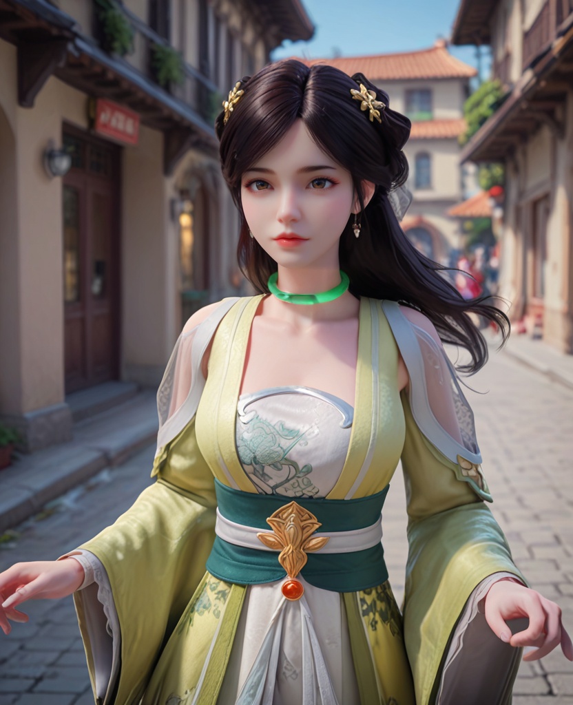 (oriental architecture, elegant decor, sophisticated style:1.1),running, jumping over camera,(breasts:1.2),<lora:XL完美世界阿蛮:0.9>,miss aman,solo,yellower dress,green choker,hair ornament,jewelry,hollow shoulder,floral print white bra,brown eyes,bangs,long hair,black hair,green sash,overskirt,collarbone,red lips,long sleeves,, zPDXL2, score_9, score_8_up, score_7_up BREAK realistic, masterpiece,best quality, highly detailed,, zPDXL3, zPDXL2,zPDXL, zPDXLxxx, zPDXLrl,