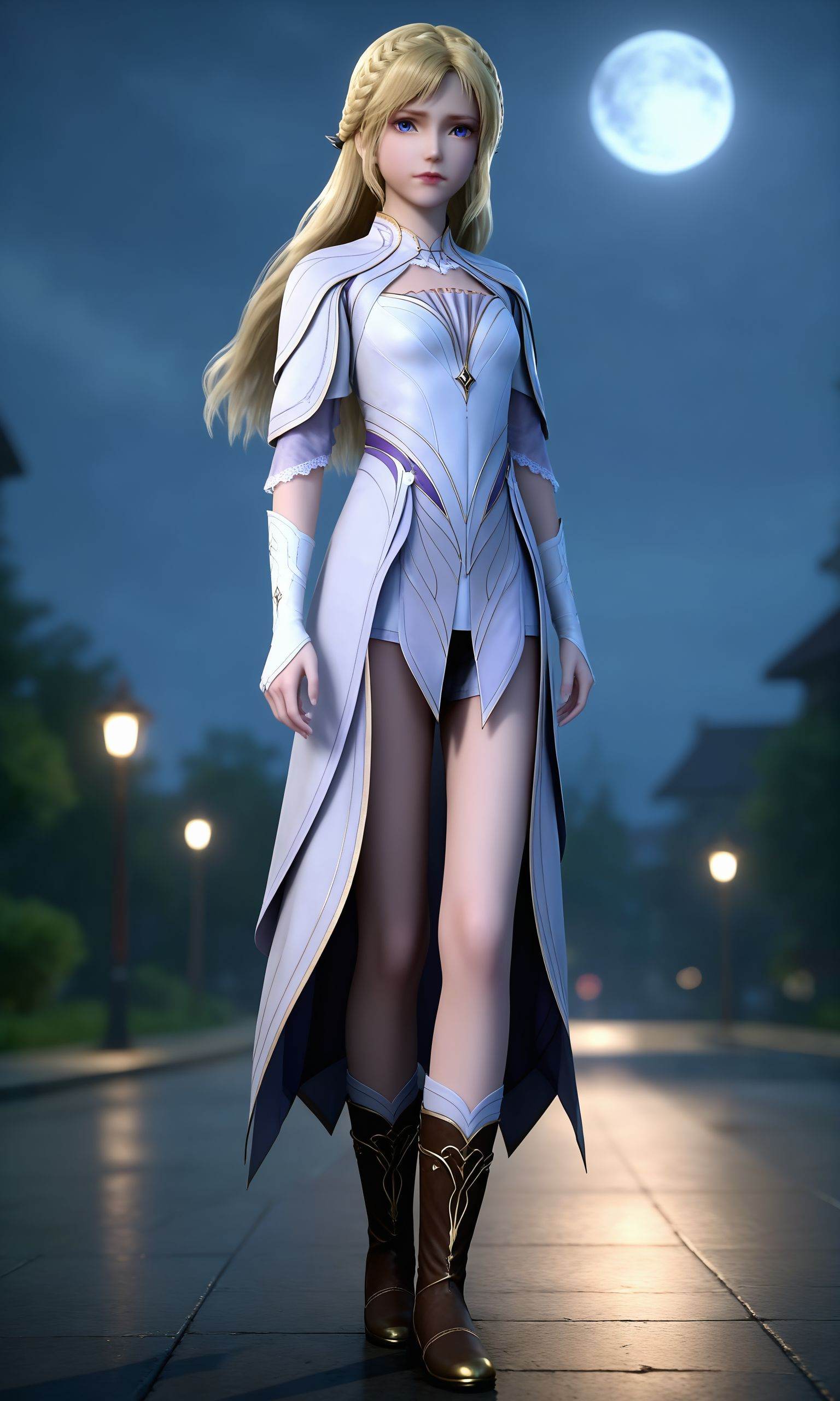 <lora:斗罗大陆-少女千仞雪pony:0.8>,1girl,child,long,blonde hair,loose braid,blue eyes,form-fitting,white and silver armor,high collar,sleek,silver accents,high neckline,long sleeves,long,flowing skirt,bare legs,knee-high,brown boots with gold trim,, 1girl,solo,shiny,shiny_hair,upper_body,fair_skin,white_skin,shiny_skin,shiny,Ivory_skin,looking at viewer,cinematic lighting,volumetric lighting,solo focus,blurry background,depth of field,night,sky,night sky,full moon,moonlight,