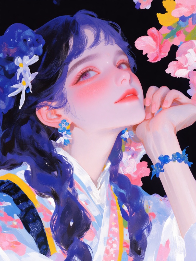 BAI, This digital painting features a serene, ethereal woman with long, flowing dark blue hair and fair skin. She wears a blue kimono adorned with pink cherry blossoms. Her expression is contemplative, with one hand resting thoughtfully on her cheek. The background is a deep black, accentuating her delicate features and the vibrant colors of her attire.