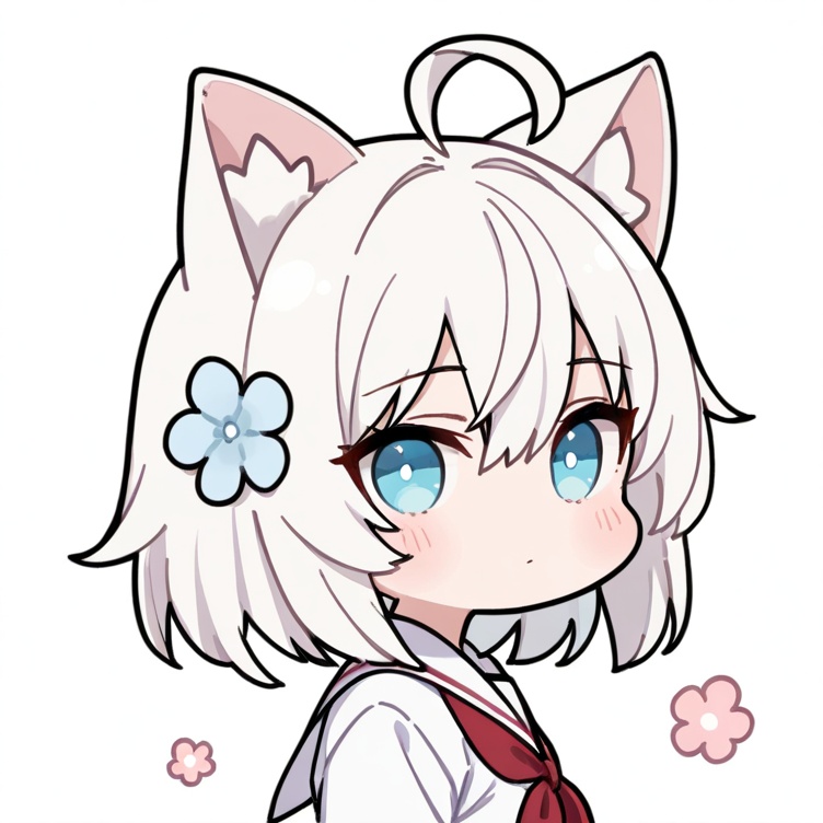 masterpiece, best quality, 1girl, solo, blue eyes, flower, upper body, short hair, white hair, school uniform, looking at viewer,  white shirt, red neckerchief, cat ears, from side, serafuku, white background, closed mouth,  white sailor collar, blush, hair between eyes, <lora:QStyle-000008:0.9>, long hair, ahoge, chibi