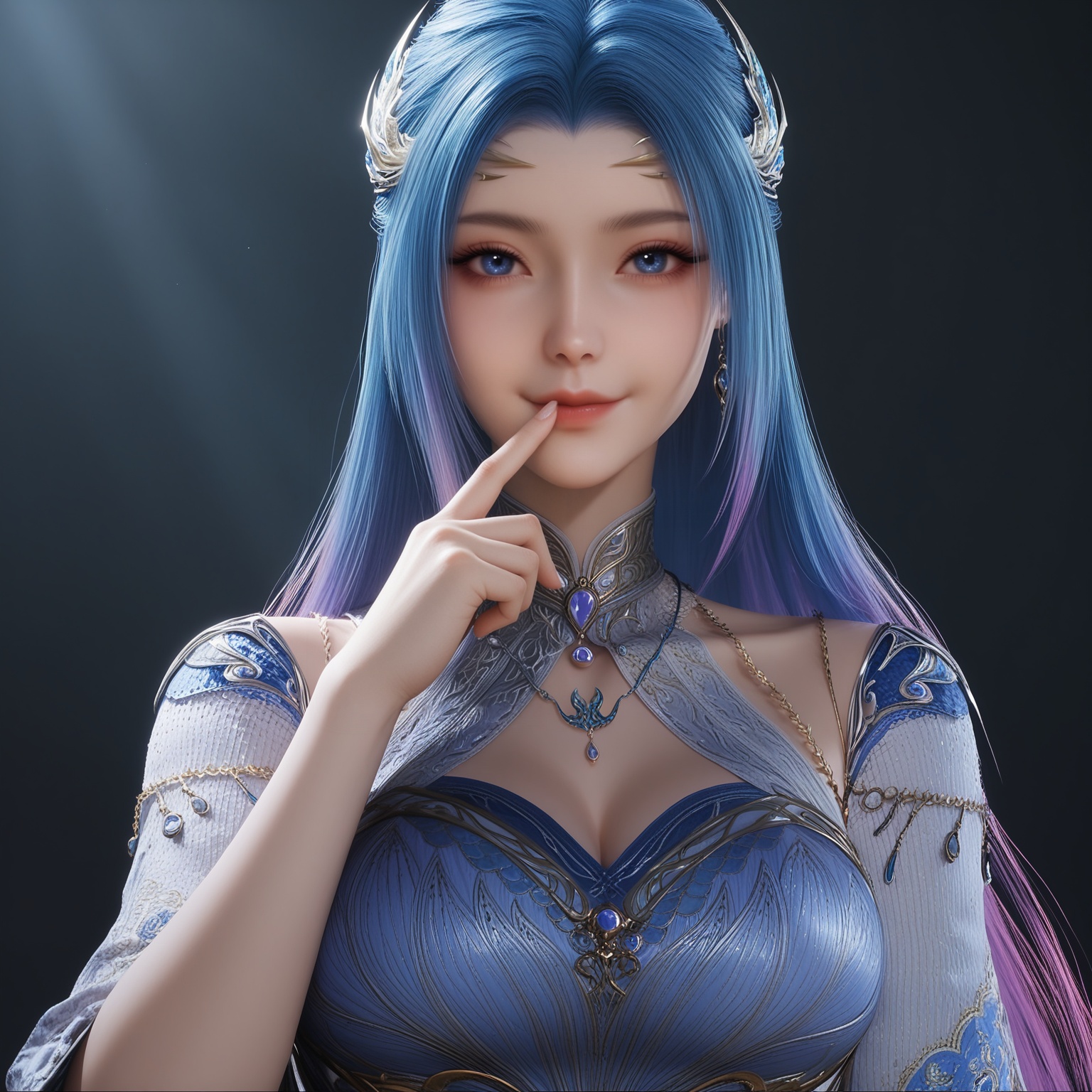 masterpiece,best quality,absurdres,highres,BREAK(glamor:1.1),slender,1girl,solo,<lora:唐舞桐-ill:0.8>,long hair,blue hair,hair ornament,gradient hair,blue eyes,jewelry,earrings,necklace,(seductive_smile:1.1),evil smile,high collar,clothing cutout,dress,detached sleeves,collarbone,(large breasts),looking at viewer,front view,(fingersmile),eyelid_pull,upper body,BREAKsimple background,black background,rim light,Tyndall effect,Volumetric Lighting,Cinematic Lighting,realistic,