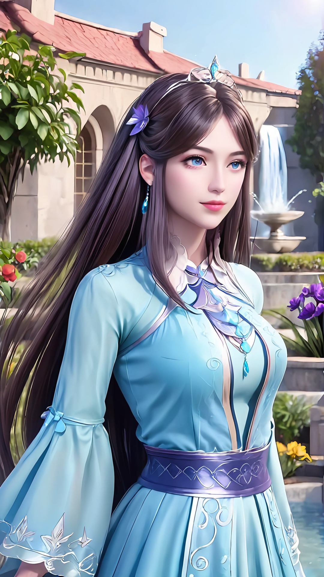 The image is a digital illustration of a young woman standing in a beautiful garden with a fountain in the background. She is wearing a long, flowing blue dress with gold accents and a crown of flowers on her head. The dress has a high neckline and long sleeves, and she is holding a sword in her right hand. The woman has long dark hair styled in loose waves and is looking off to the side with a serious expression on her face. The garden is filled with purple flowers and there is a building with arches and pillars in the distance. The overall mood of the image is mystical and regal..,<lora:pony曹颖:0.8>,