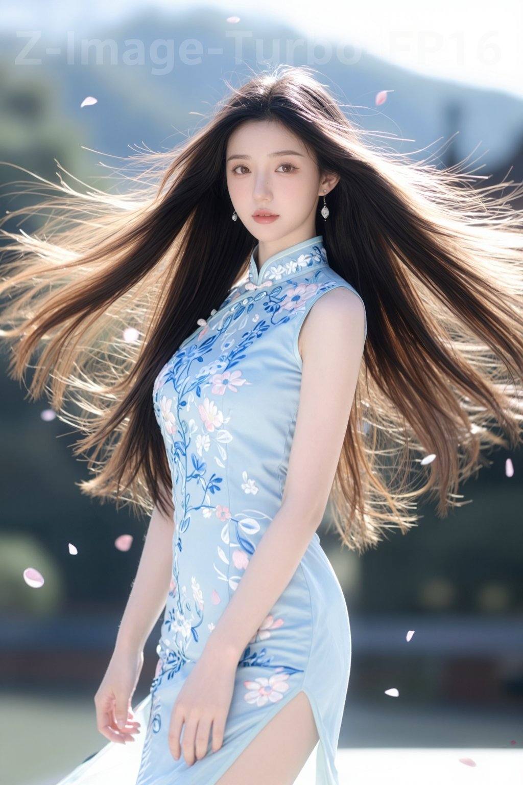 极其清晰，电影级画质。图像风格：运用极高光和纯白色营造视觉焦点，并利用对比鲜明的光影细节最大程度地增强情感张力，最终达到“强烈、锐利、层次分明”的视觉冲击力。图像内容：黑色长直发，棕色大眼睛，实拍照片，真实，大师级画质，顶级品质，高品质，俯拍微距，丰满胸部，黑色头发，修长美腿，纤细双腿，1个女孩，只是随意抓拍。照片略有动态模糊，展现了野性之美，精致的五官，纤瘦的脸庞，大眼睛，挺鼻梁，樱桃小嘴，尖下巴，纤细的模特身材，一头柔顺的长棕色头发，超高美感，空灵飘逸，自然清新，宛若月光下，发饰，耳环，楚楚，一丝幸福感，优先考虑高分和点赞，画面中一位年轻女子，一头飘逸的棕色长发随风飘扬，仿佛在诉说着动静。她身着一件浅蓝色无袖旗袍，上面绣满了精致的白色、粉色和蓝色花卉图案，点缀着纤细的藤蔓和叶片。旗袍领口高高，略微敞开。她的右臂自然下垂，左手轻柔地搭在腰间。她佩戴着垂坠式耳环。背景虚化，隐约可见绿植和一些看似传统的建筑元素，或许是寺庙或亭台楼阁，远处则是连绵的山峦。粉色的花瓣散落在画面各处，为这幅景象增添了一丝灵动和空灵之美。整体构图营造出一种宁静、优雅而又略带奇幻的氛围。背景顶部写着半透明色“Z-Image-Turbo-FP16”