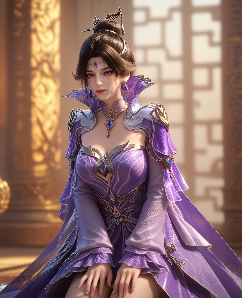 (hands on knees:1.1),looking at viewer,(large breasts:1.2),<lora:XL16云深不知梦白璃:0.95>,miss baili,purple tiered gown,blue eyes,facial mark,forehead jewel,black hair,hair ornament,single hair bun,earrings,jewelry,high collar,necklace,, score_9,score_8_up,score_7_up,score_6_up,score_5_up,score_4_up,3d rendering,tag1,tag2, Cinematic Lighting,backlighting,