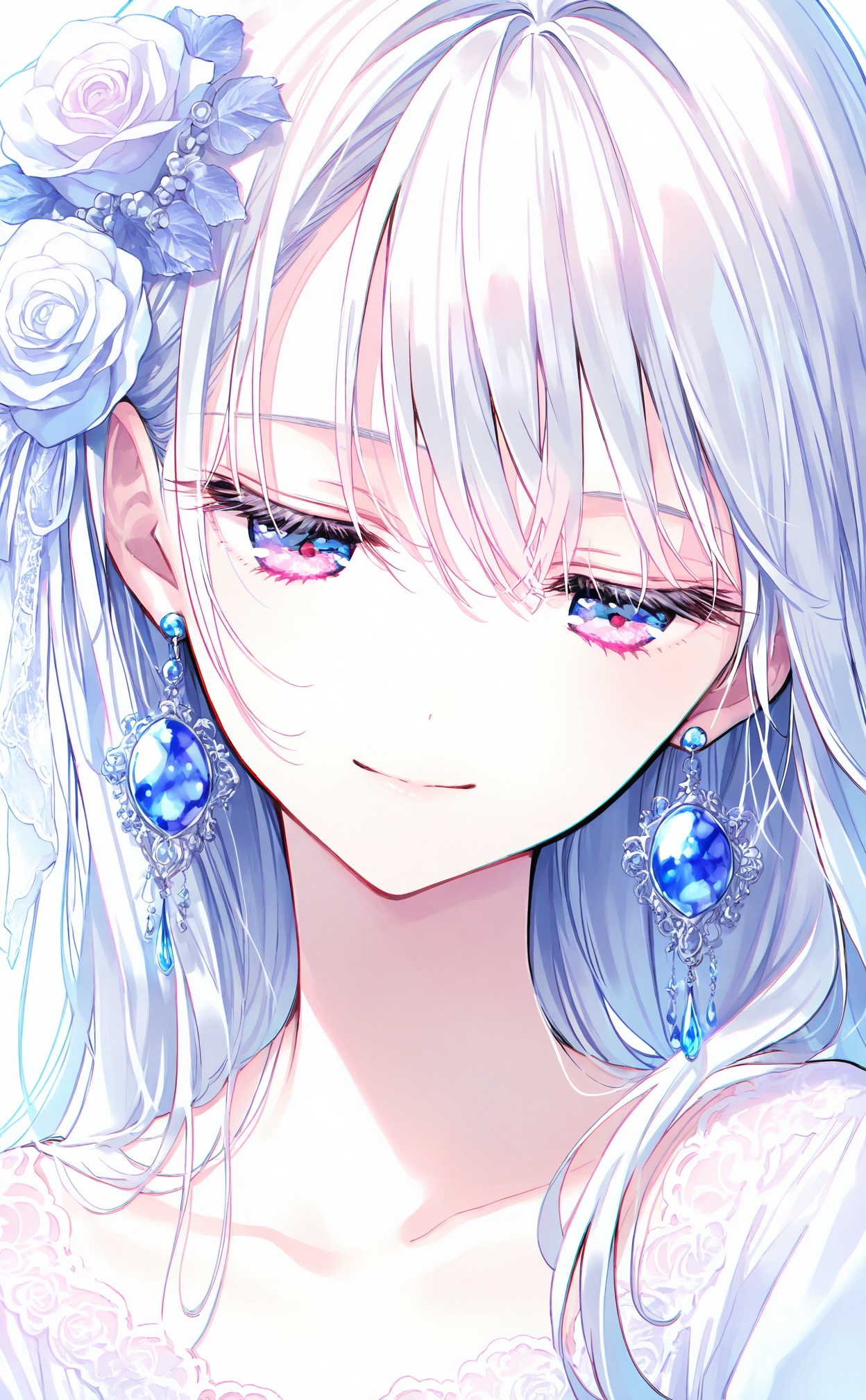 masterpiece,highres,absurdres,newest,best quality,high quality,chromatic_aberration,//,1girl, flower, solo, hair_flower, hair_ornament, jewelry, earrings, long_hair, rose, white_flower, portrait, white_hair, white_background, white_rose, closed_mouth, half-closed_eyes, hair_between_eyes, white_theme, looking_down, collarbone, simple_background, lace_trim, head_tilt, blue_eyes, gem, light_smile, smile, blue_gemstone, pink_eyes, lace, blue_flower, purple_eyes, looking_to_the_side, eyelashes, close-up, ribbon//,//,<lora:chun_paretto——【noob】hans:0.8>,