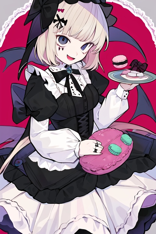 CH, high contrast, 1girl, solo, looking at viewer, smile, short hair, open mouth, bangs, hair ornament, long sleeves, dress, bow, holding, jewelry, multicolored hair, hairband, food, black dress, lolita fashion, gothic lolita, lolita hairband, macaron